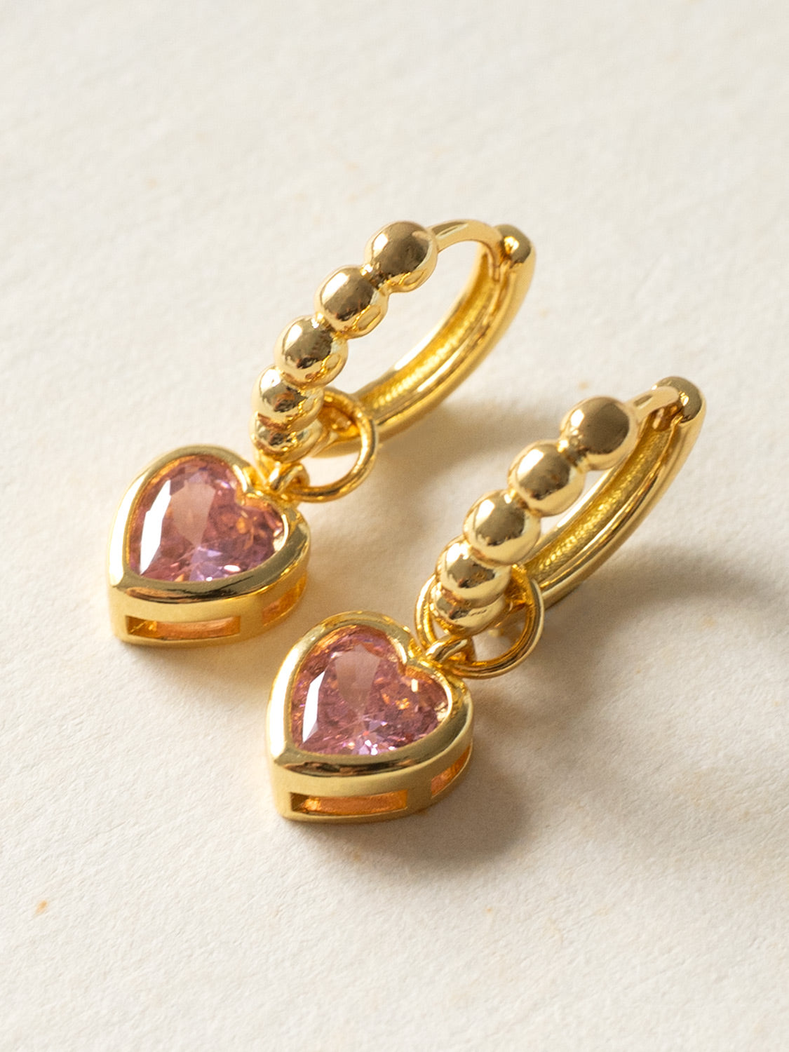 Boba Huggies with Heart Gemstone, S925 - Light Pink, Gold