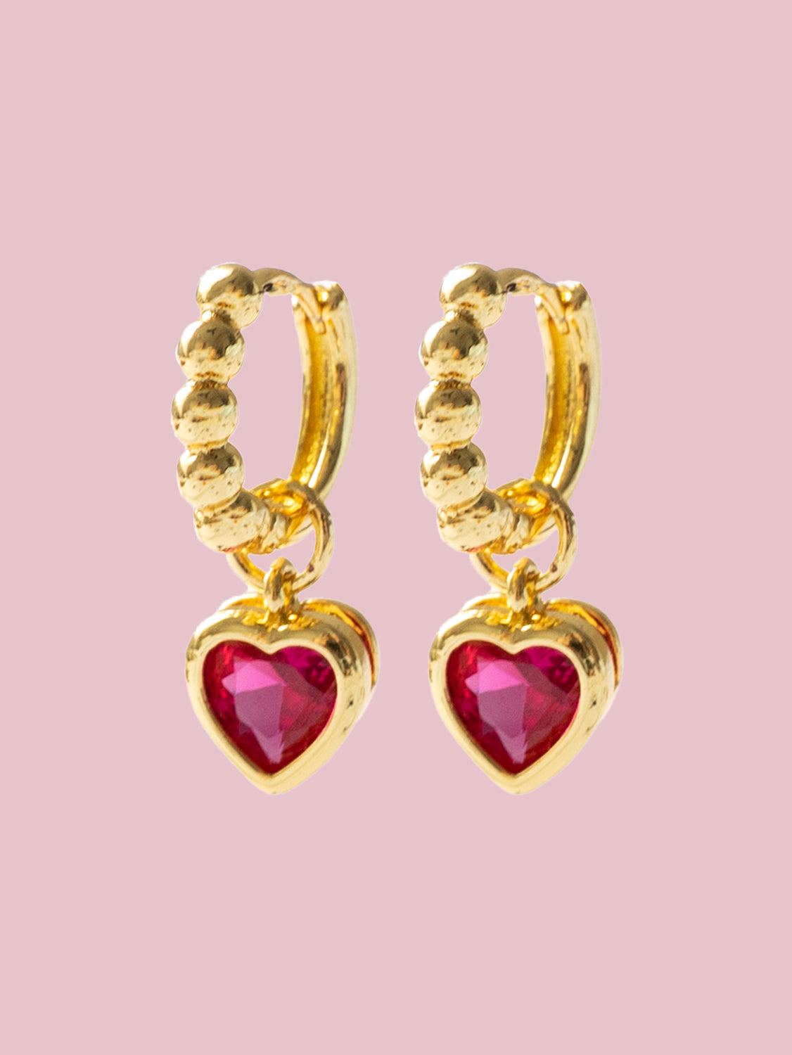 Boba Huggies with Heart Gemstone, S925 - Magenta, Gold