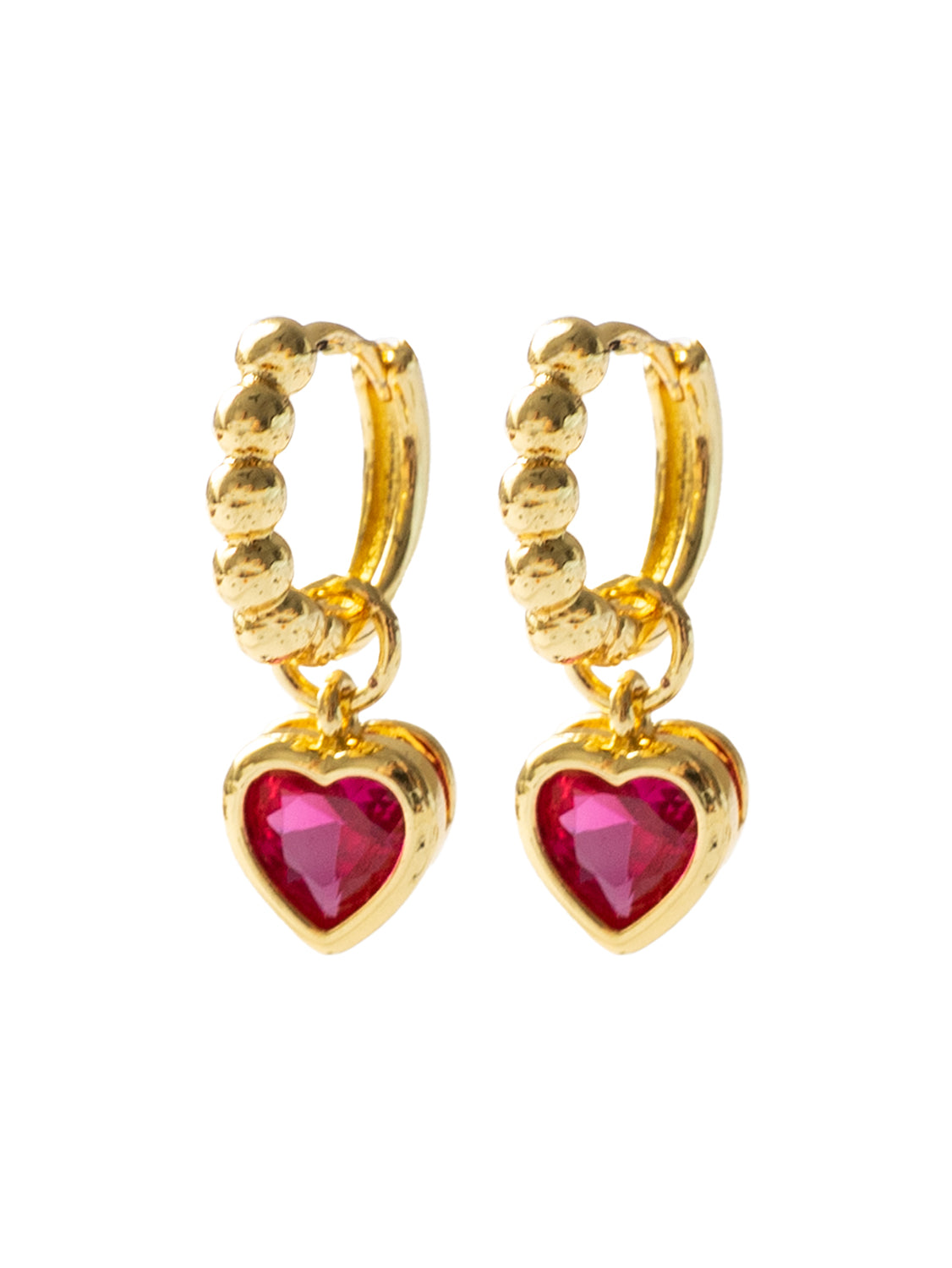 Boba Huggies with Heart Gemstone, S925 - Magenta, Gold