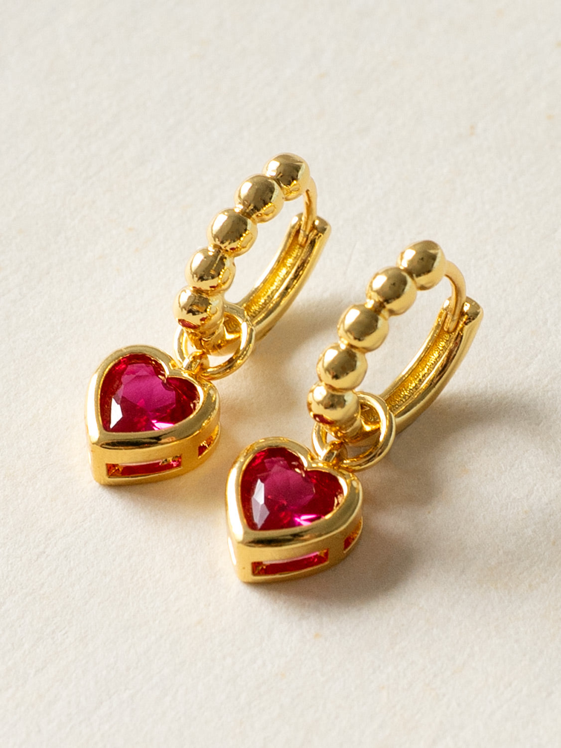 Boba Huggies with Heart Gemstone, S925 - Magenta, Gold