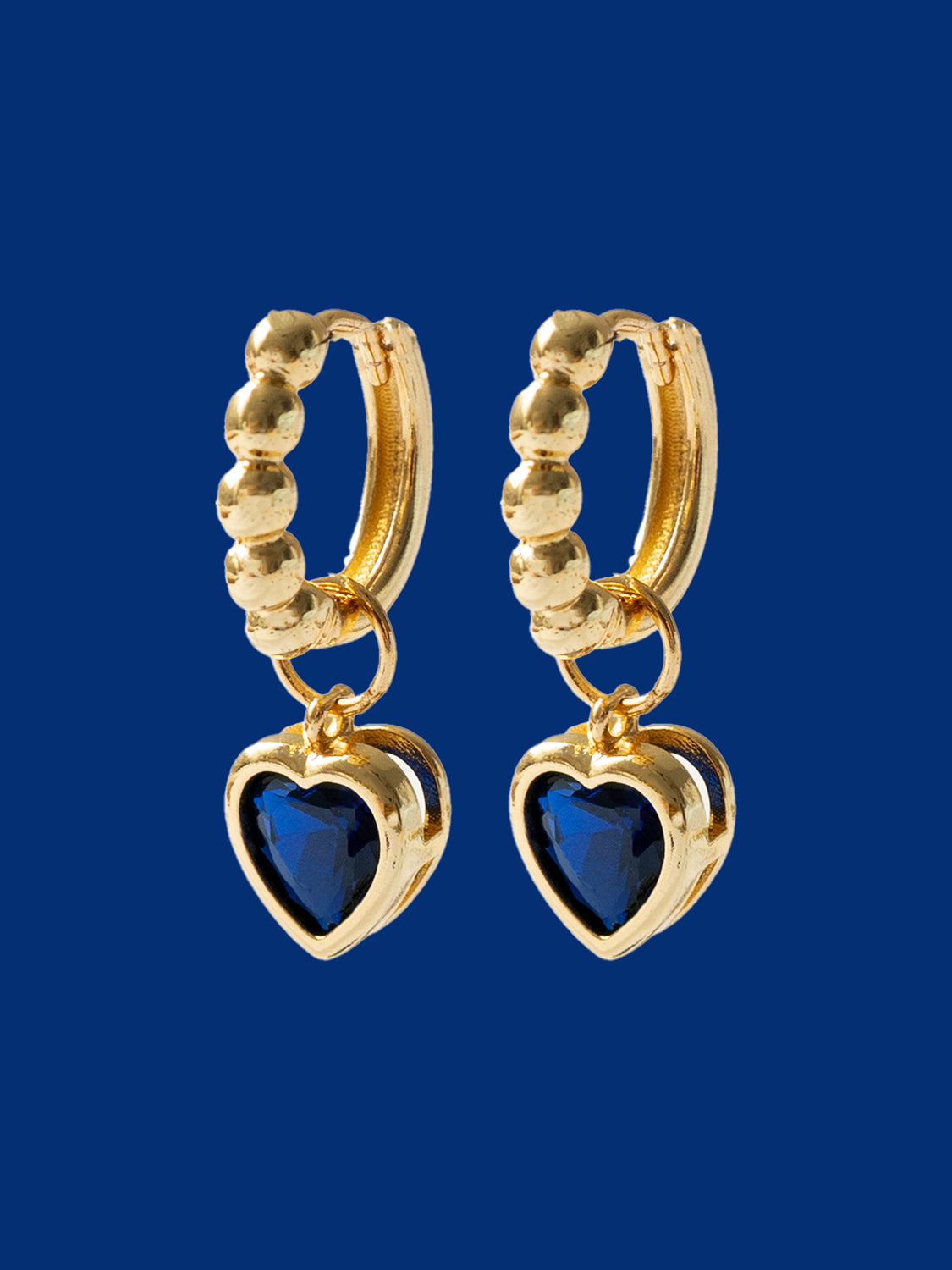 Boba Huggies with Heart Gemstone  S925   Royal Blue  Gold bluebkg