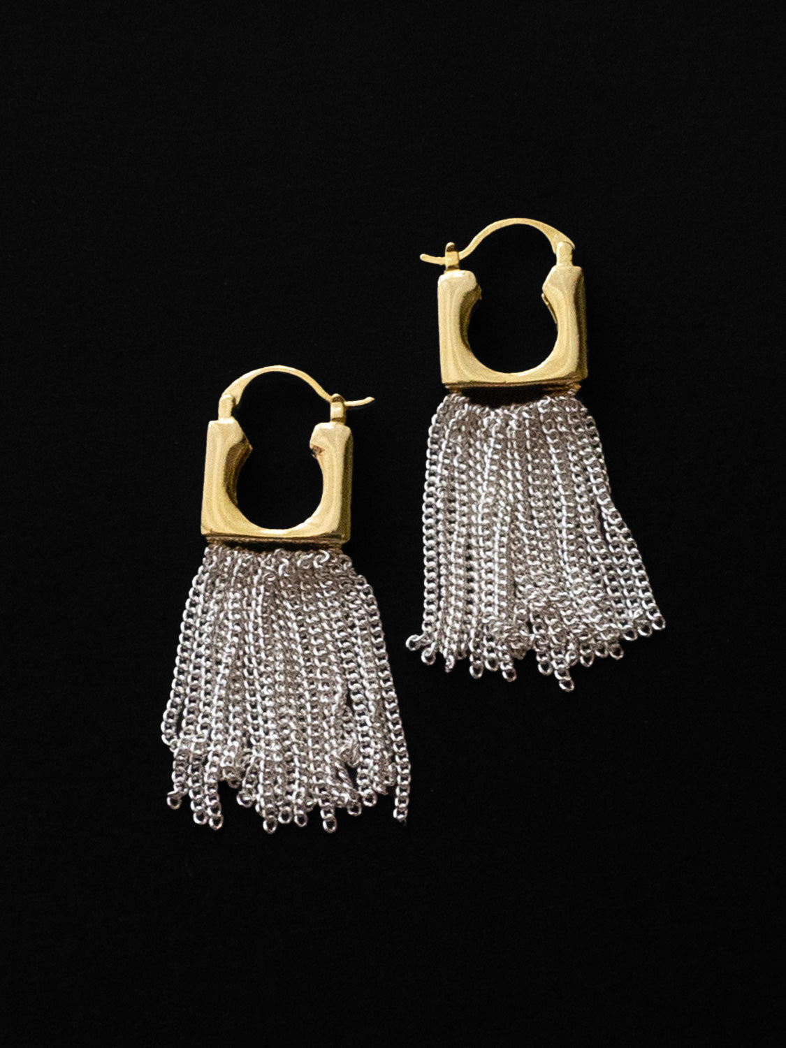 Boxy Gold Earrings with Silver Dangling Chains DARK