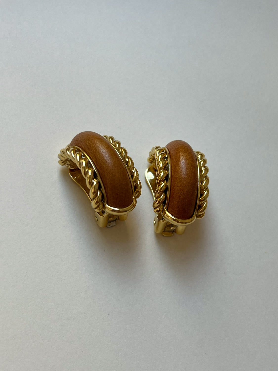 Brown Leather Gold Chain Clip Ons  Vintage 3