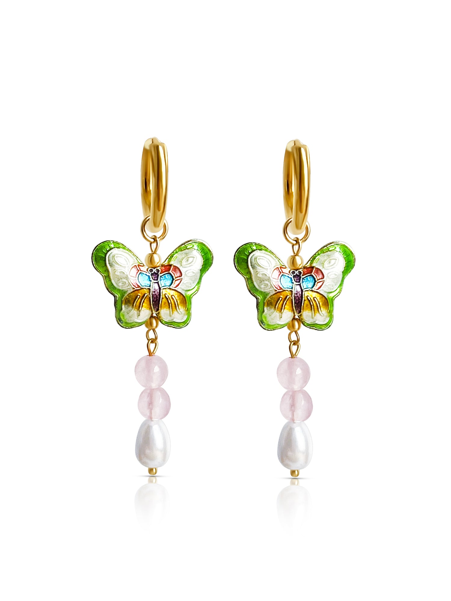 Butterfly Cloisonne Dangling Earrings - Rose Quartz/Teardrop Pearl