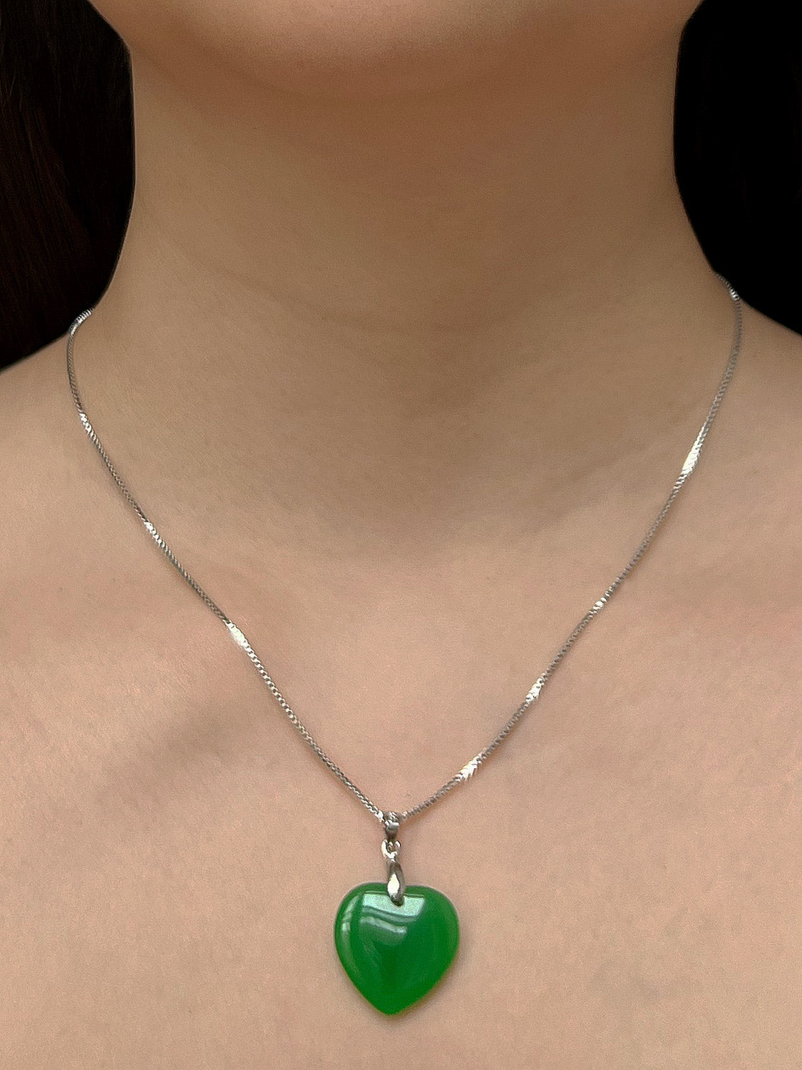 Carved Heart Jade Necklace - Silver
