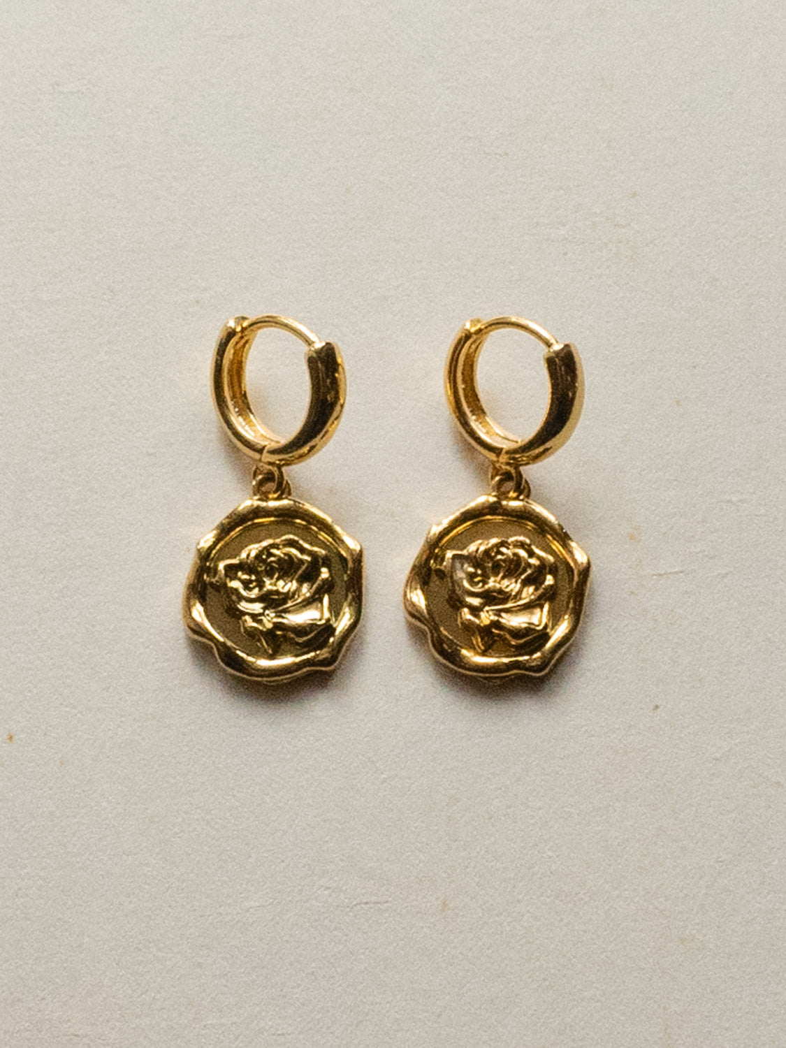 Carved Rose Pendant Huggies   Gold