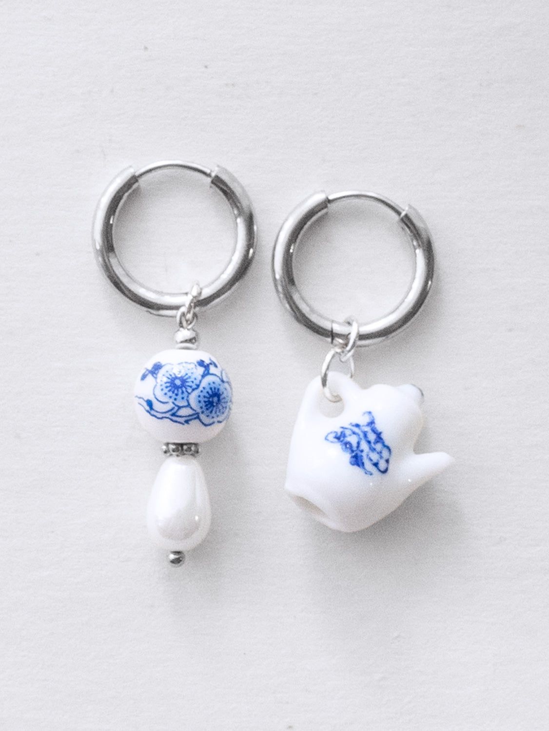 Ceramic Teapot Mismatched Hoop Earrings - Silver