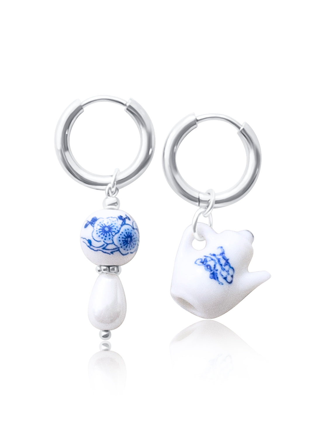 Ceramic Teapot Mismatched Hoop Earrings - Silver
