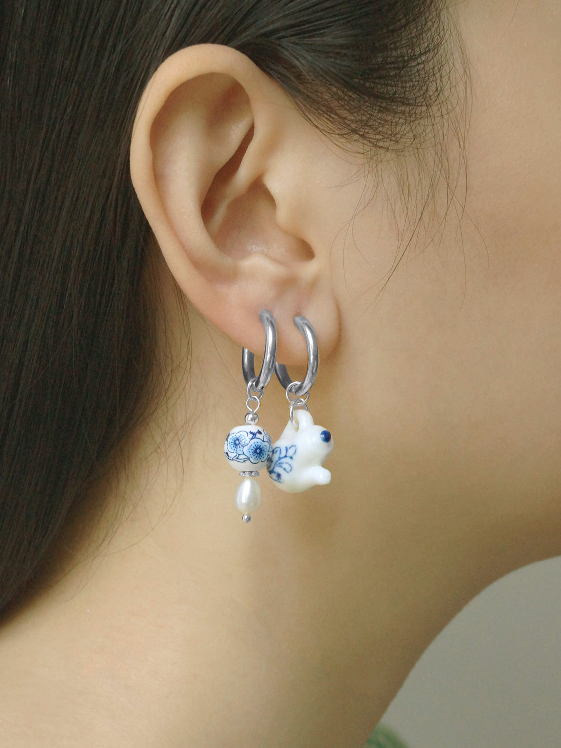 Ceramic Teapot Mismatched Hoop Earrings - Silver