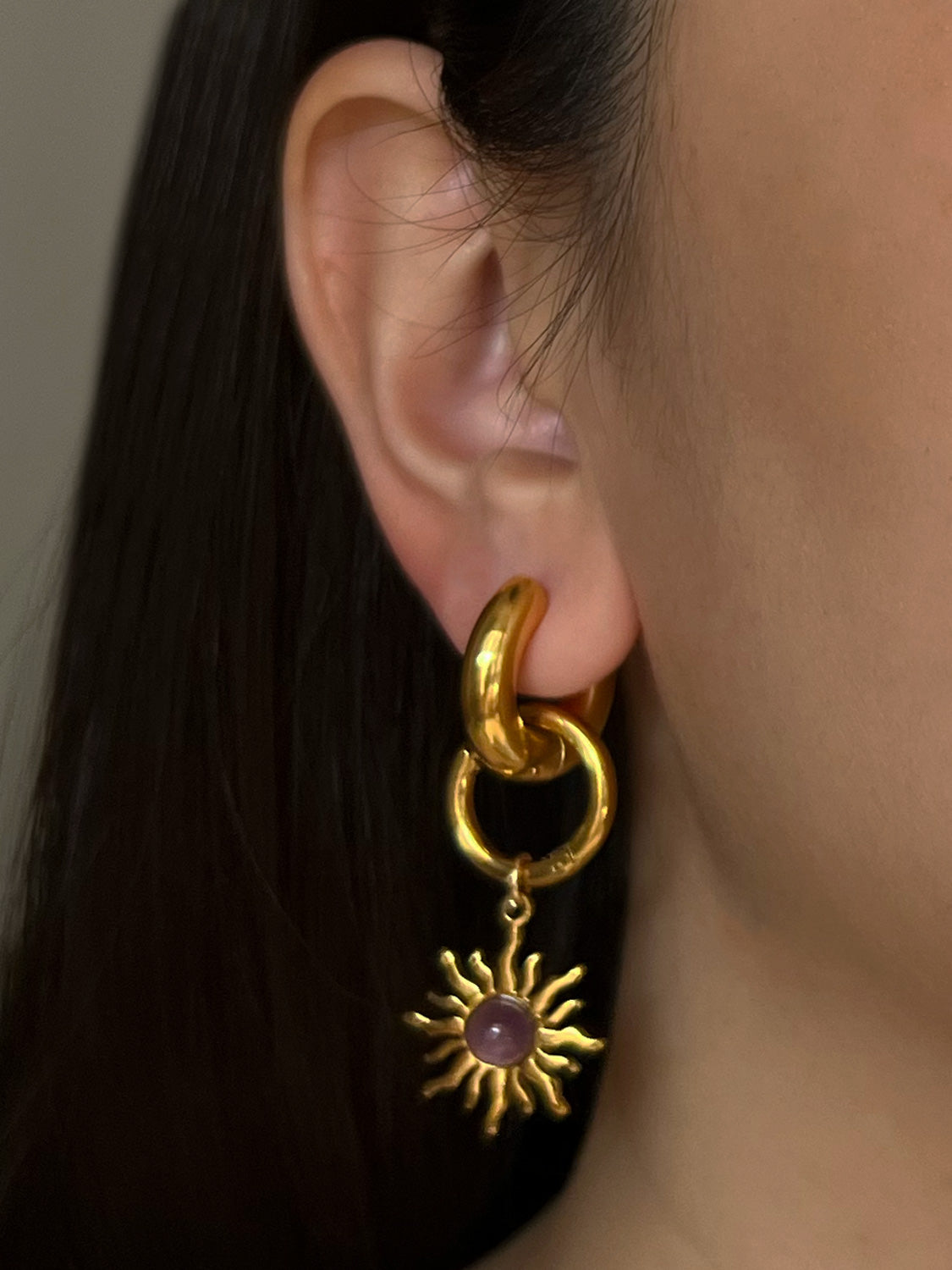 Chunky Gold Hoops   Amethyst Sun Pendant
