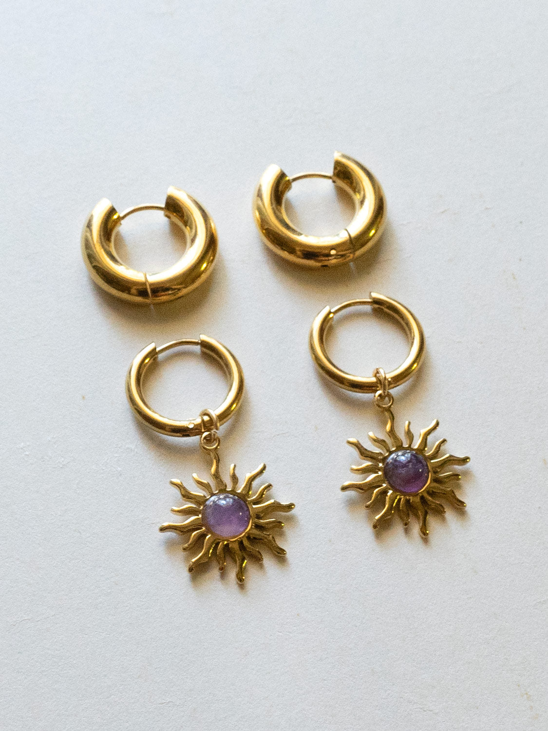 Chunky Gold Hoops - Amethyst Sun Pendant