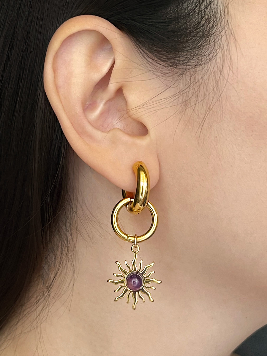 Chunky Gold Hoops - Amethyst Sun Pendant