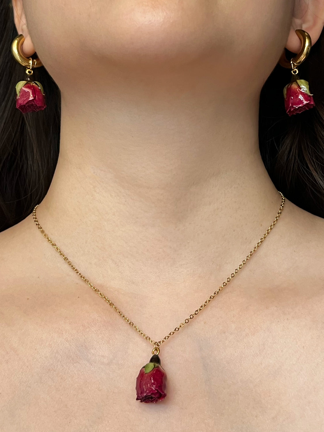 Chunky Gold Hoops - Dried Blood Red Rose Bud