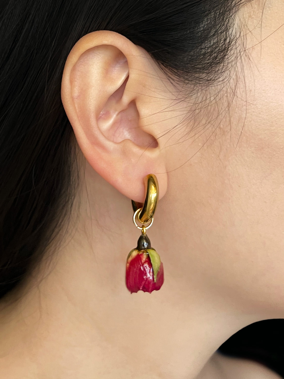 Chunky Gold Hoops   Dried Blood Red Rose Bud2