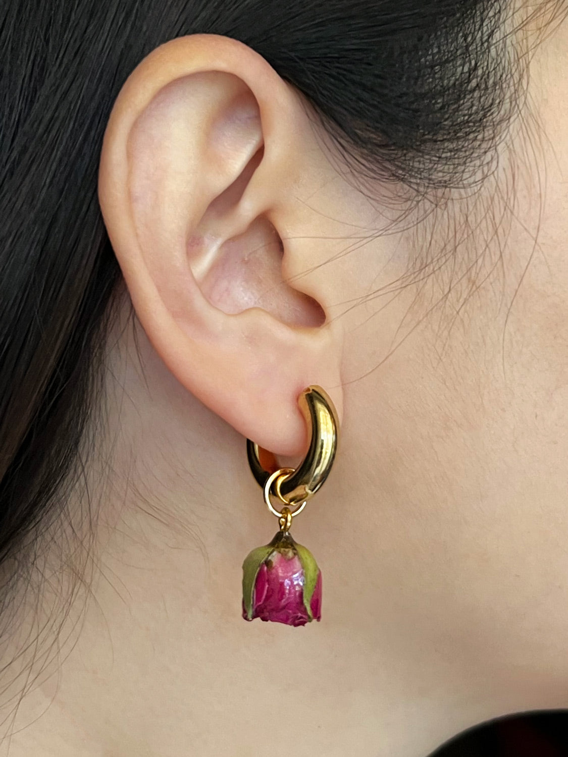 Chunky Gold Hoops   Dried Magenta Pink Rose Bud3