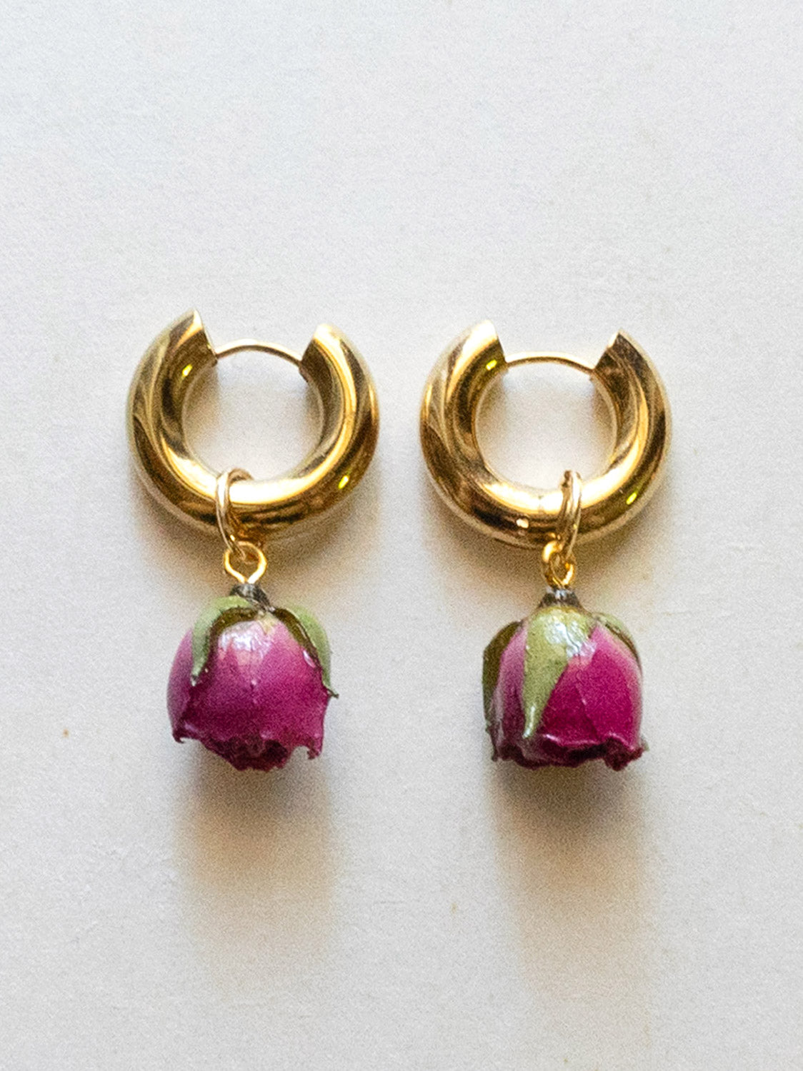 Chunky Gold Hoops   Dried Magenta Pink Rose Bud a3bd6857 863d 4a38 9186 a5633eddcb7d