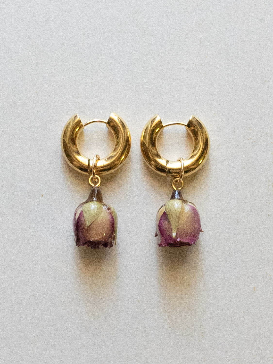 Chunky Gold Hoops - Dried Purple Rose Bud