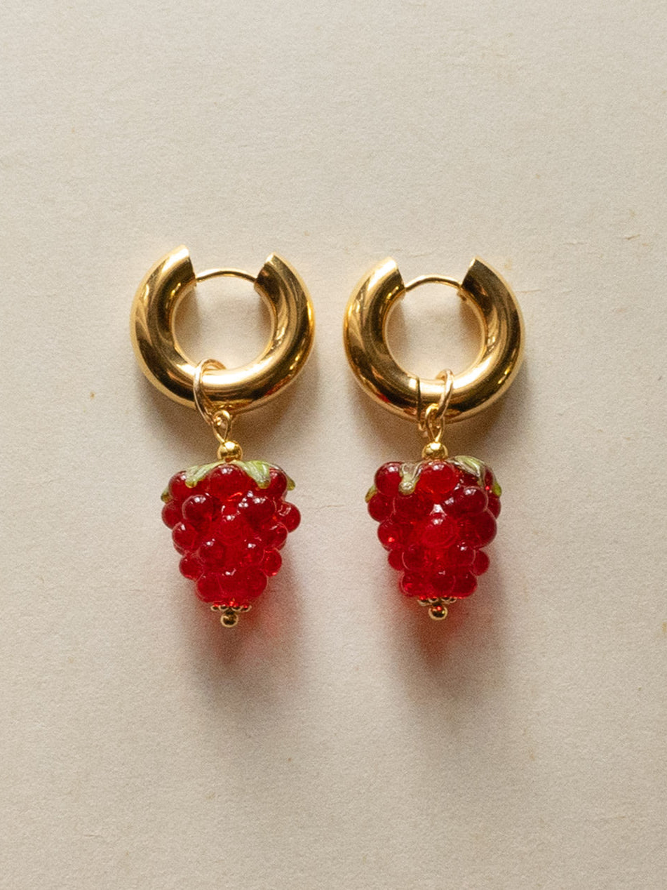 Chunky Gold Hoops - Glass Raspberry