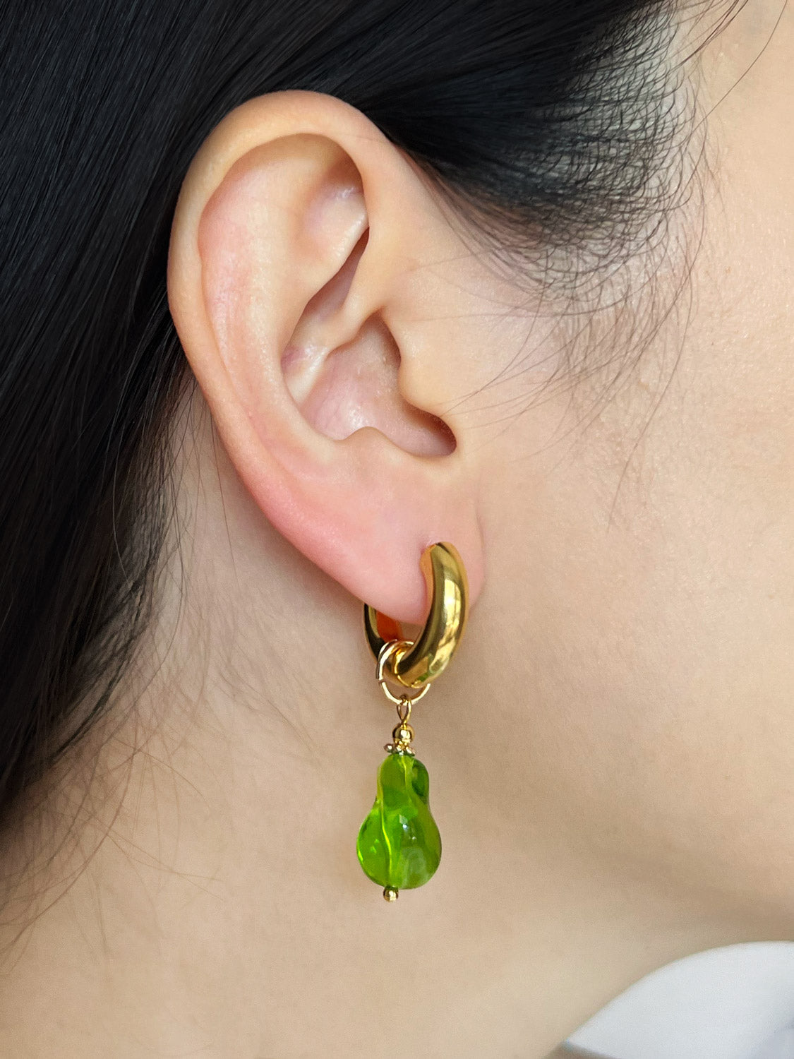 Chunky Gold Hoops - Green Baroque Glass Pearl