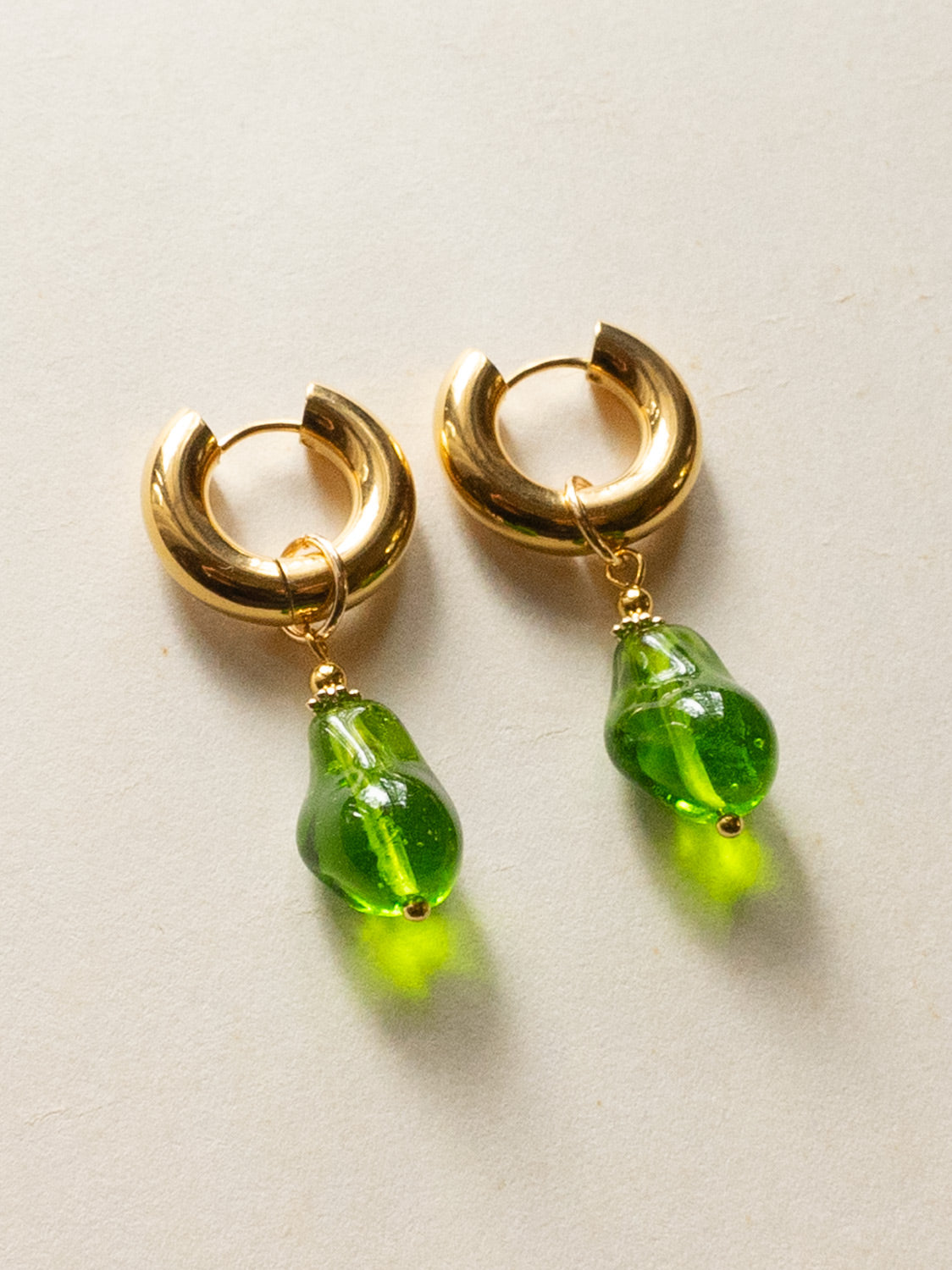Chunky Gold Hoops - Green Baroque Glass Pearl