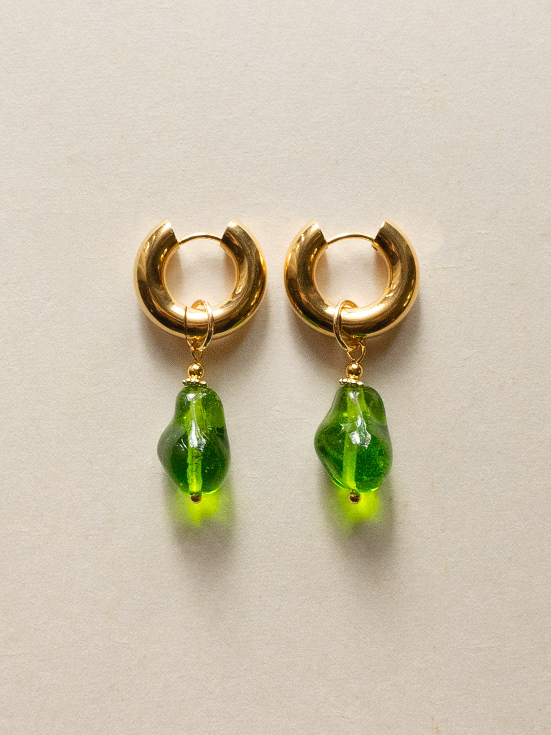 Chunky Gold Hoops - Green Baroque Glass Pearl