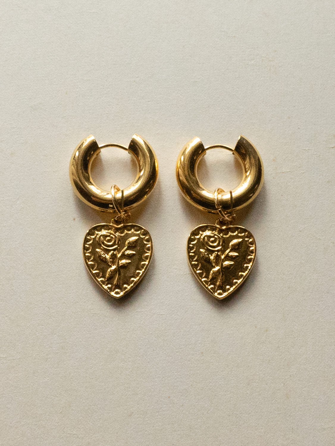 Chunky Gold Hoops   Heart Rose Pendant