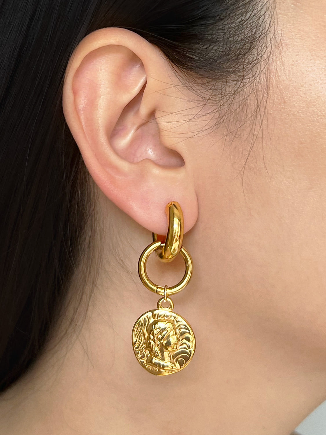 Chunky Gold Hoops - Roman Coin Pendant