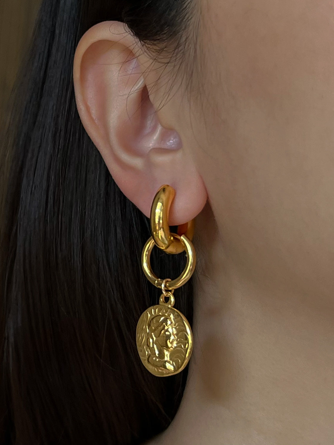 Chunky Gold Hoops - Roman Coin Pendant