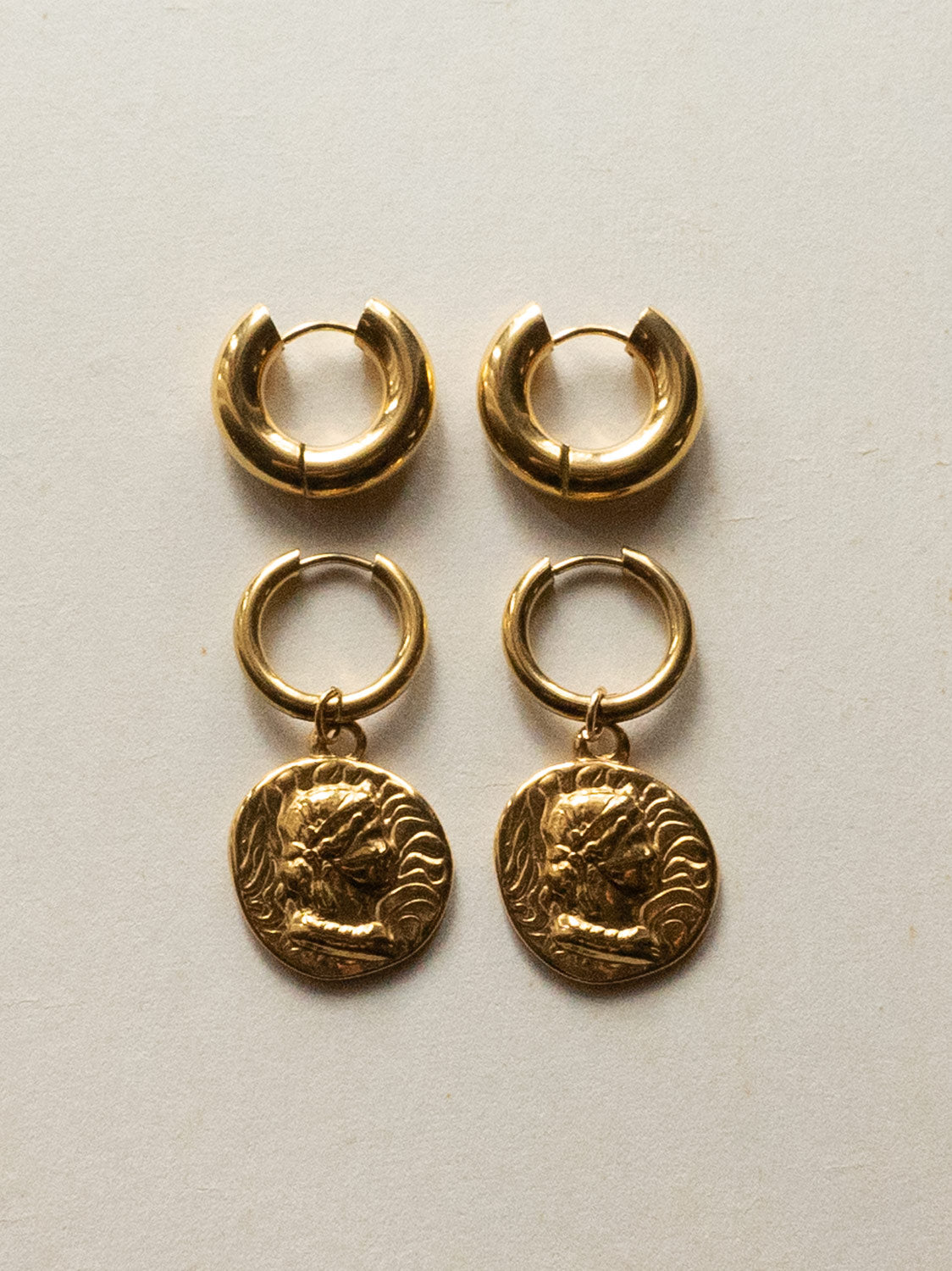 Chunky Gold Hoops - Roman Coin Pendant