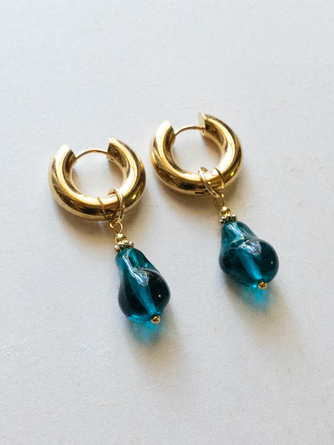 Chunky Gold Hoops - Teal Baroque Glass Pearl