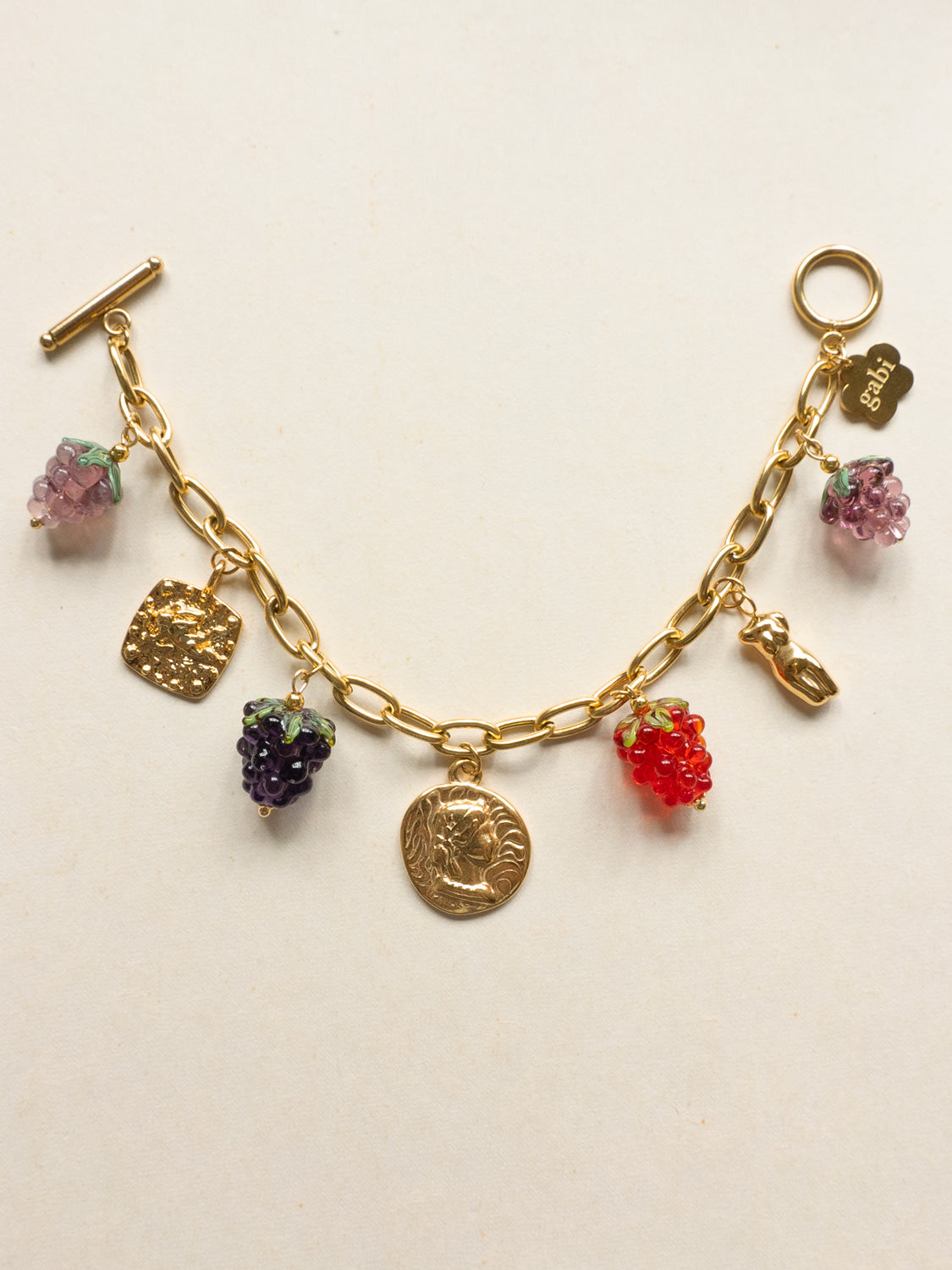 Chunky Gold Tasliman Bracelet - Roman Coin, Glass Berries