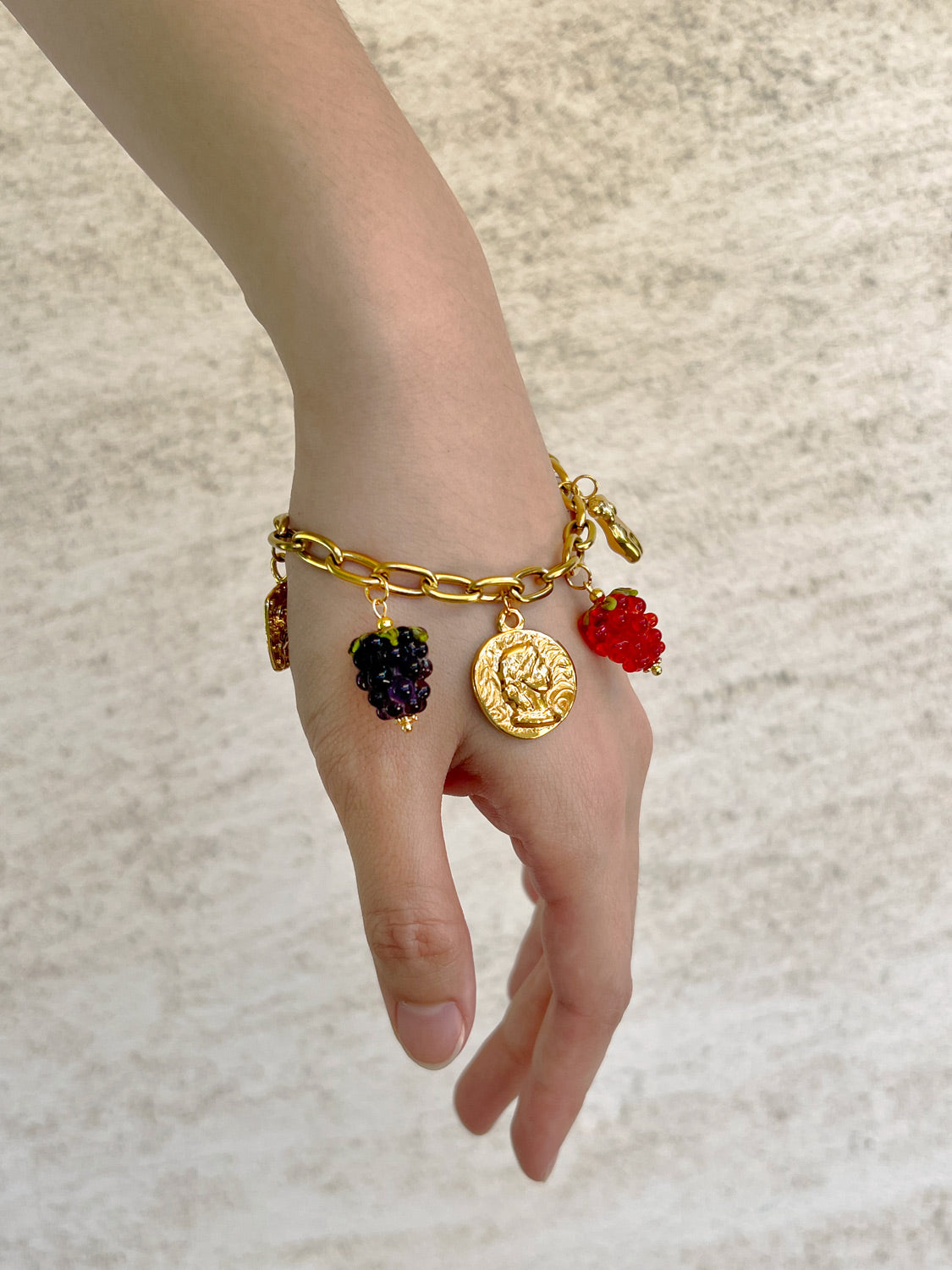 Chunky Gold Tasliman Bracelet - Roman Coin, Glass Berries
