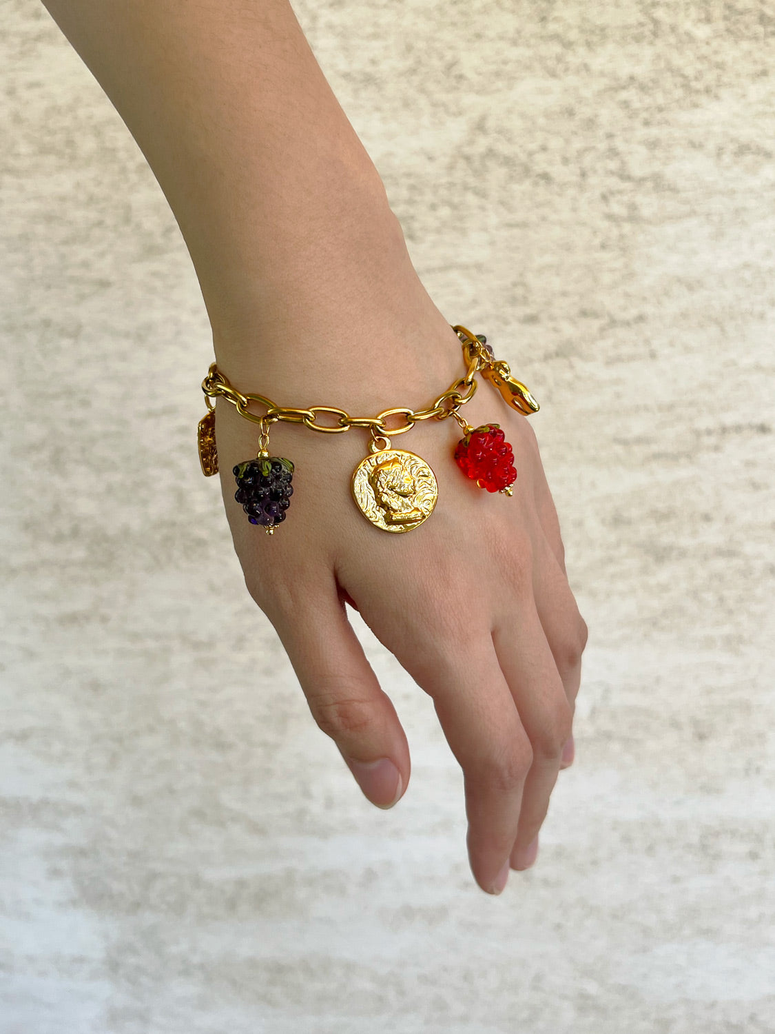 Chunky Gold Tasliman Bracelet - Roman Coin, Glass Berries