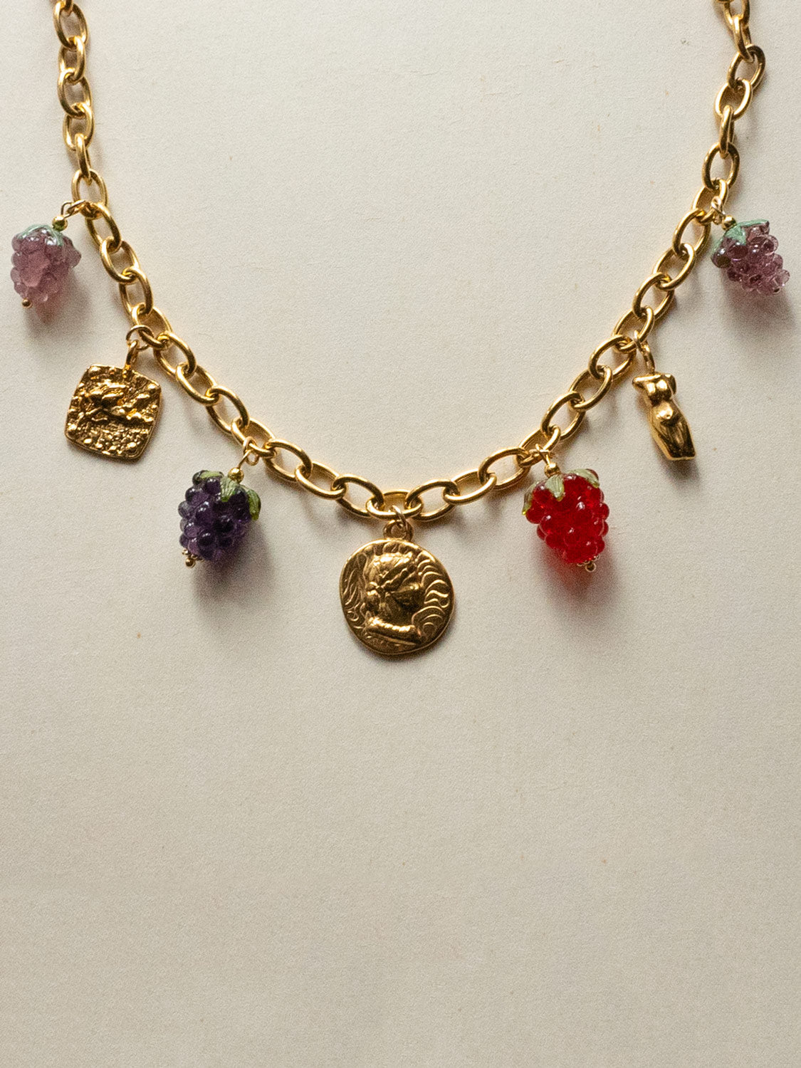 Chunky Gold Tasliman Necklace - Roman Coin, Glass Berries