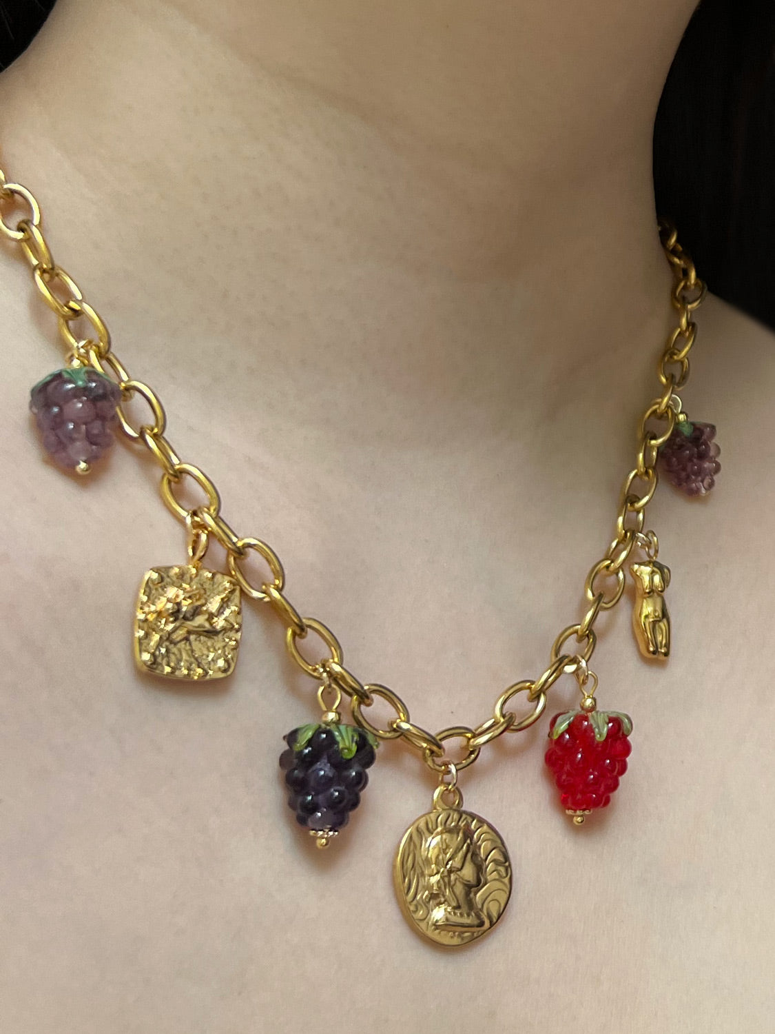 Chunky Gold Tasliman Necklace   Roman Coin  Glass Berries3
