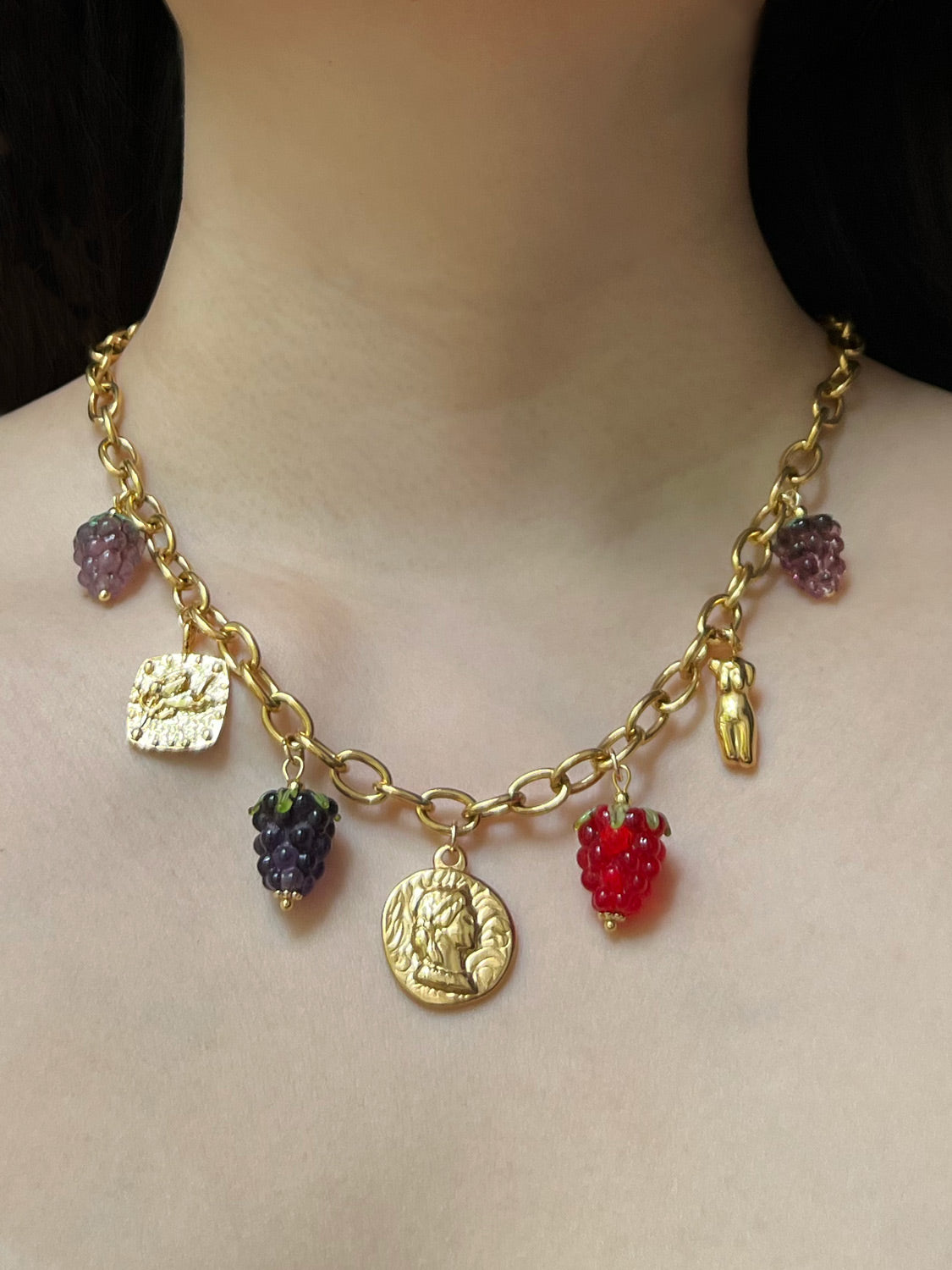 Chunky Gold Tasliman Necklace   Roman Coin  Glass Berries4