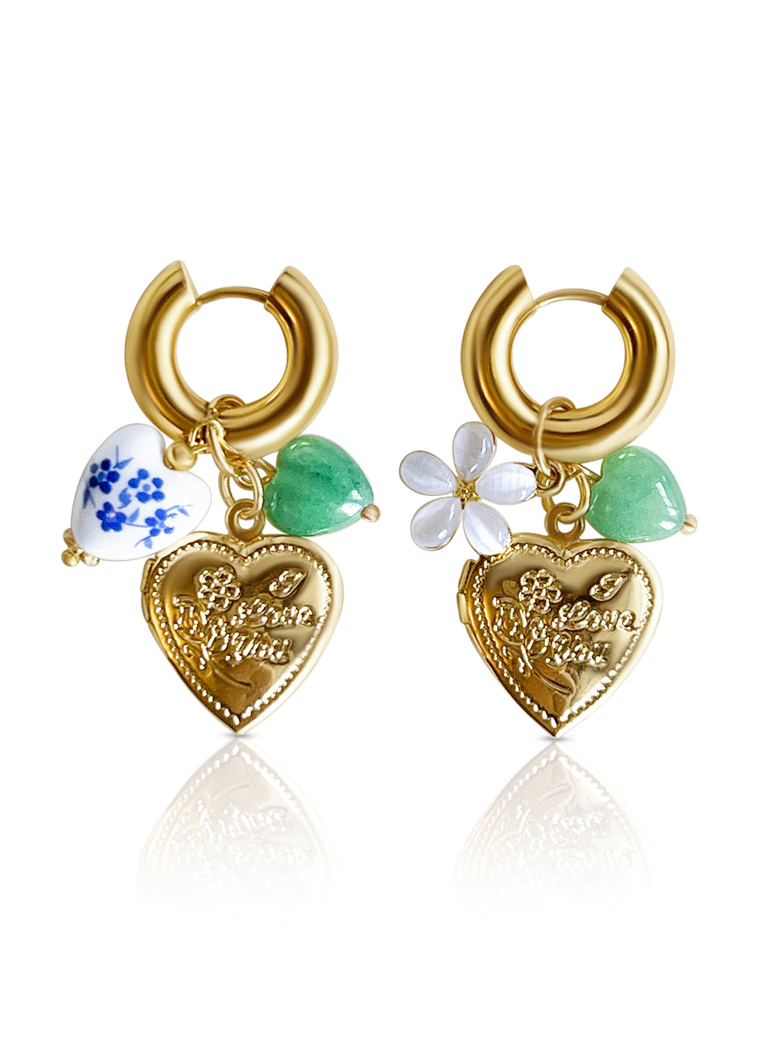 Chunky Heart Locket Hoops   Blue Ceramic Heart Green Stones
