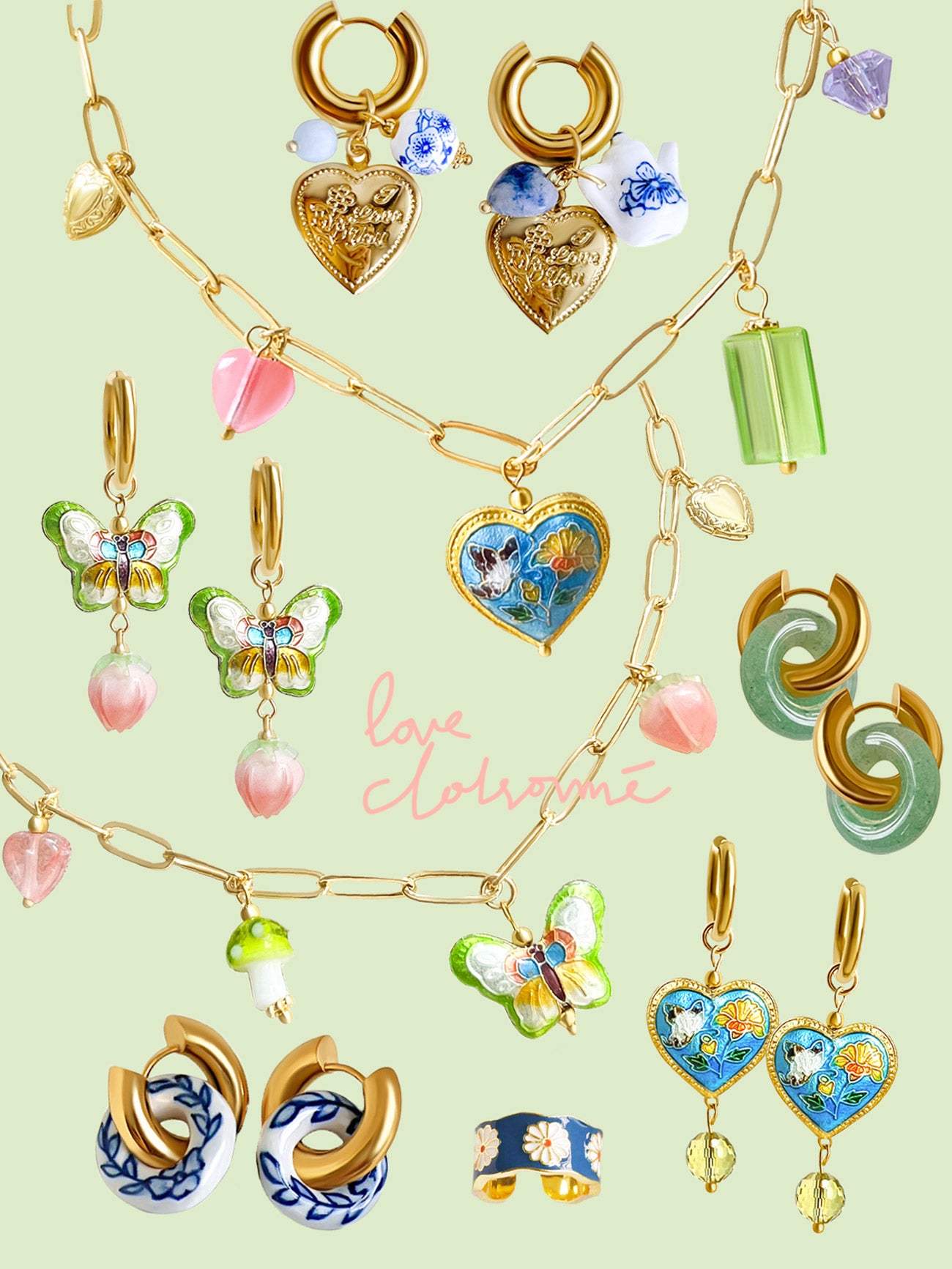 Pink Cloisonne Heart Chunky Gold Hoops - Rose Quartz/Green Aventurine