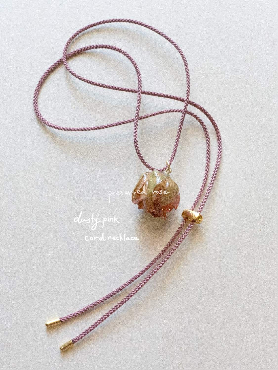 Cord Necklace  Dusty Pink   Jumbo Dried Pink Rose Bud2 text