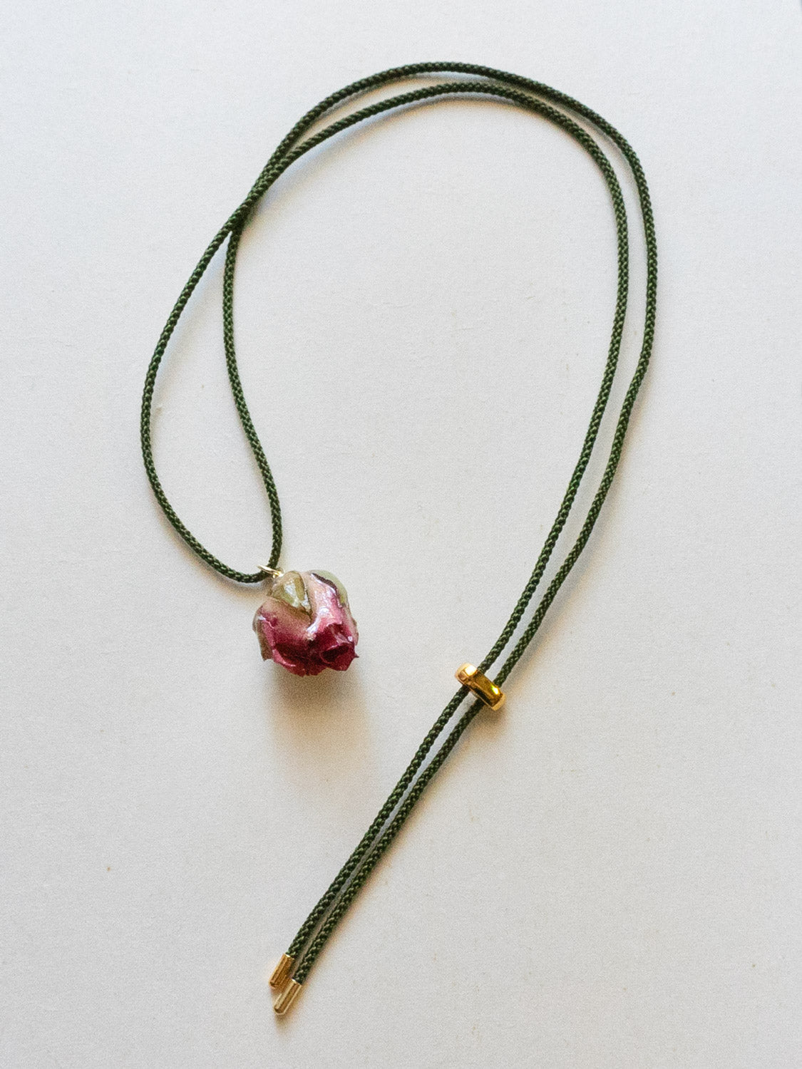 Cord Necklace  Forest Green   Jumbo Dried Magenta Pink Rose Bud