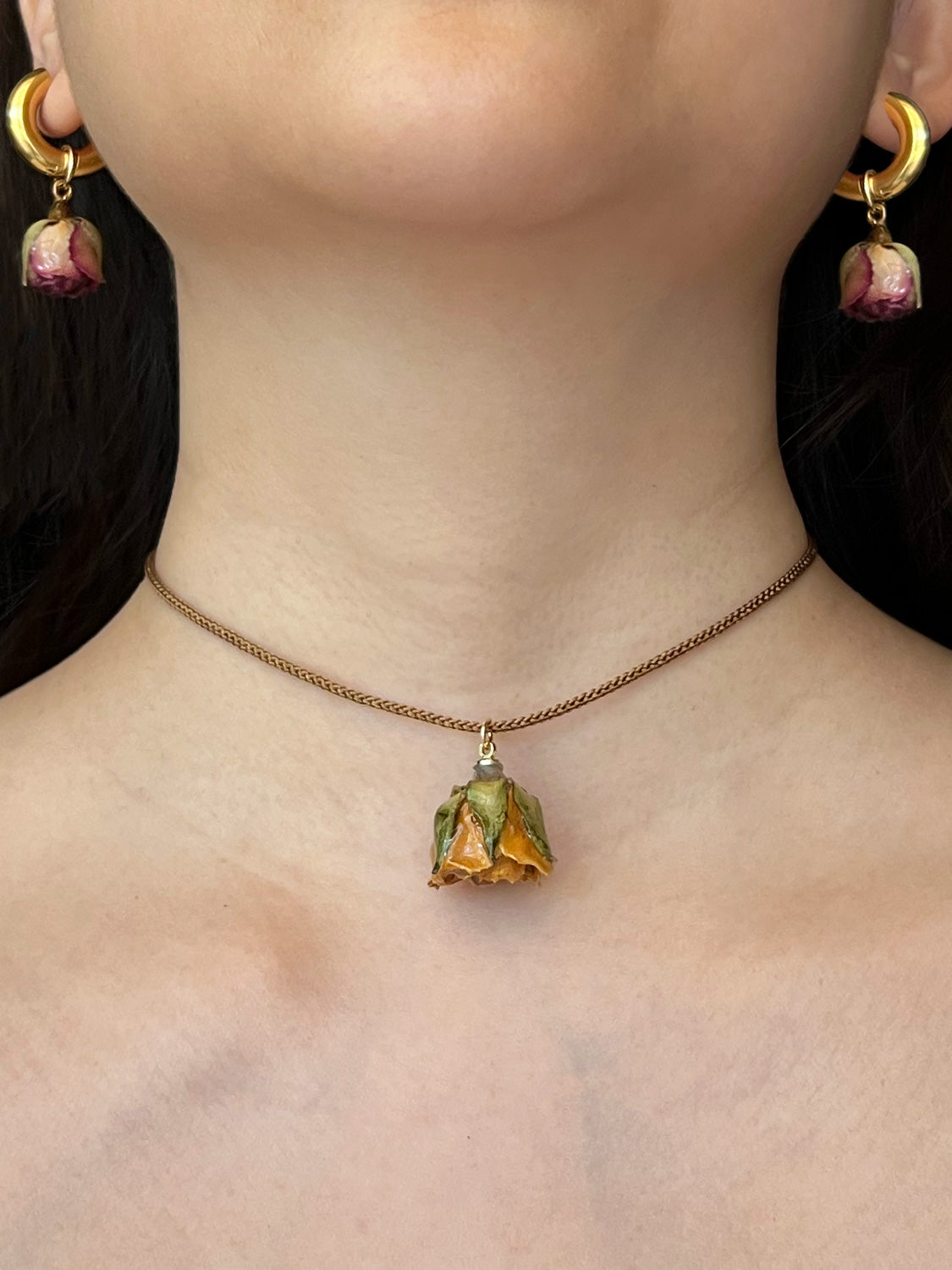 Cord Necklace  Latte Brown   Jumbo Dried Yellow Rose Bud Chunky Gold Hoops   Dried Purple Rose Bud 2d232418 038a 4b05 b692 7e2822465816