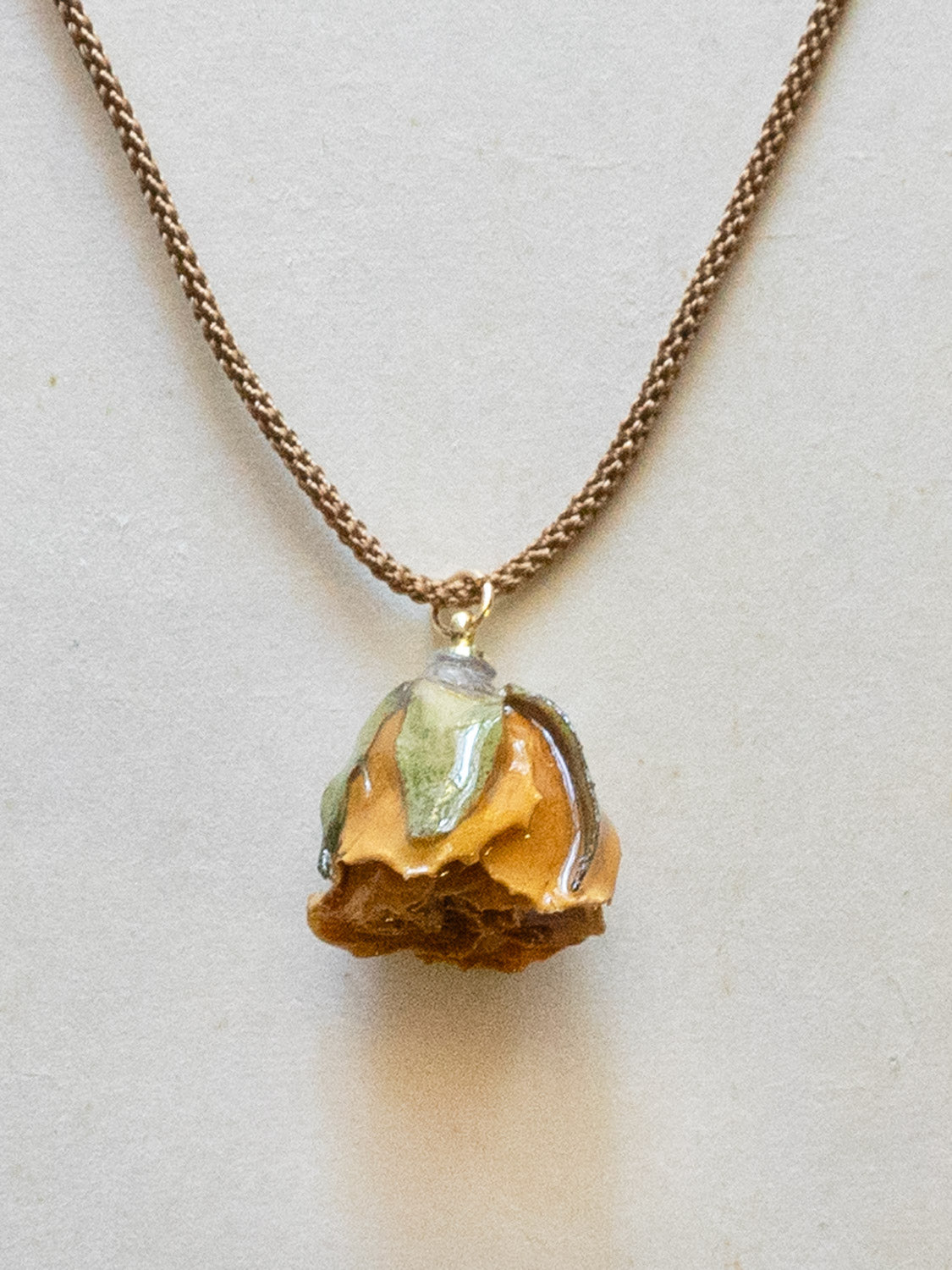 Cord Necklace, Latte Brown - Jumbo Dried Yellow Rose Bud