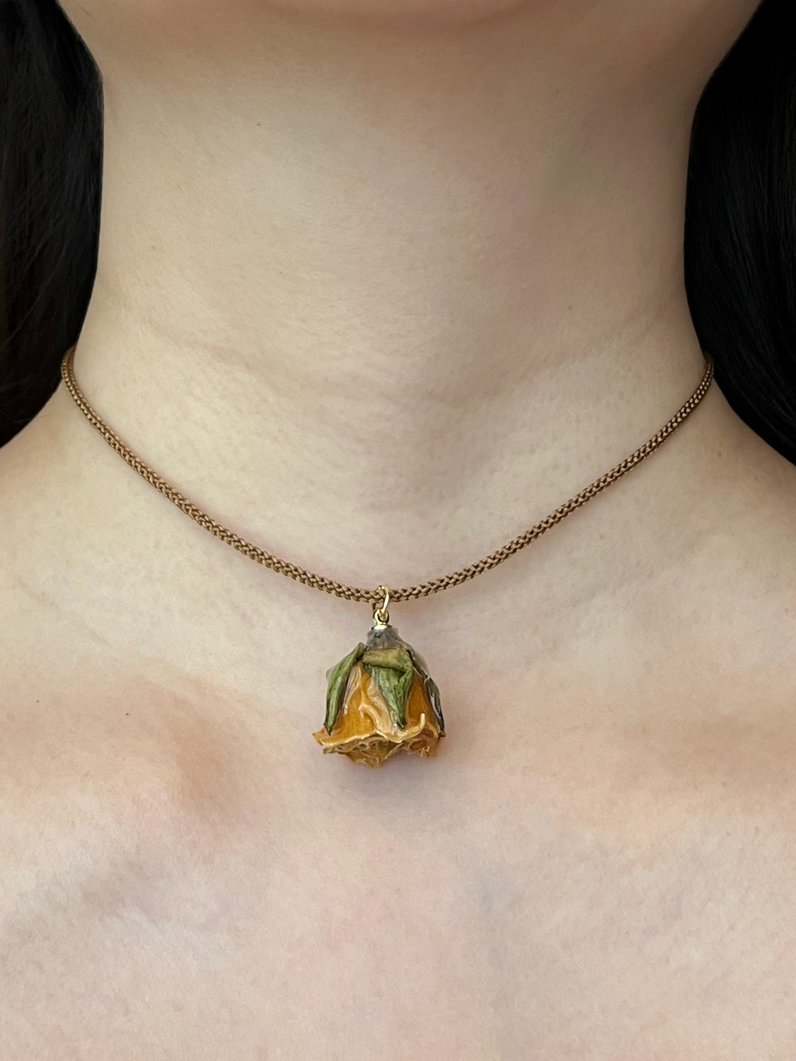 Cord Necklace, Latte Brown - Jumbo Dried Yellow Rose Bud