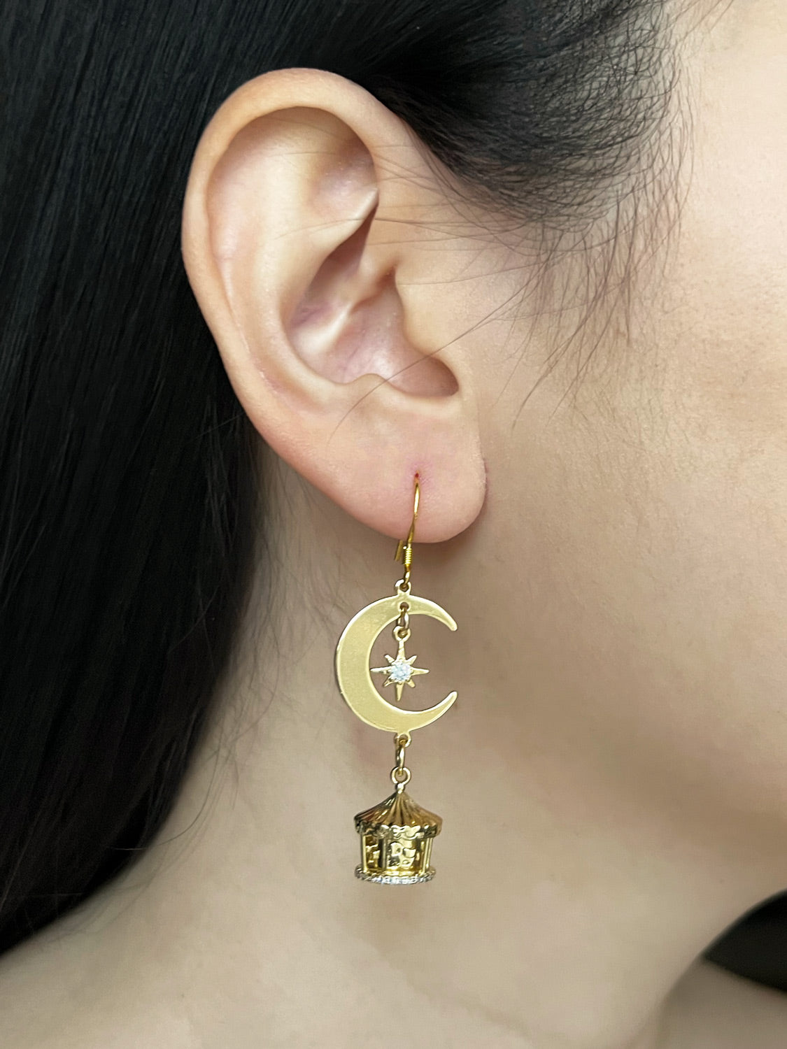 Crescent Moon Mismatched Carnival Earrings - Carousel, Elephant Charms