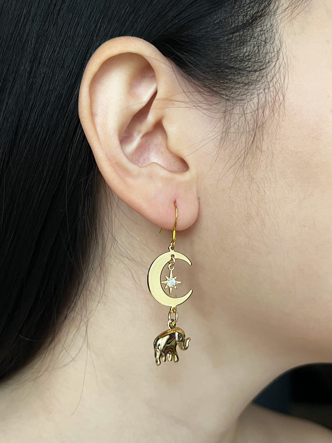 Crescent Moon Mismatched Carnival Earrings - Carousel, Elephant Charms