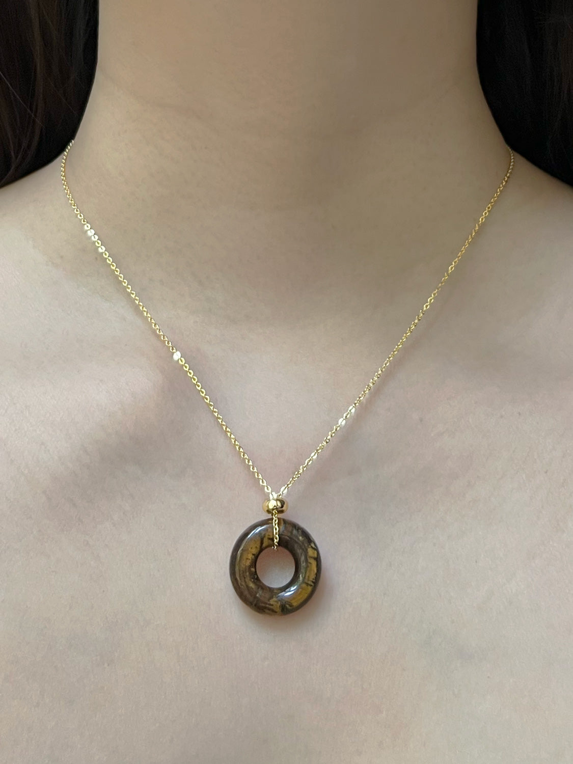 Donut Stone Necklace, Gold - Tiger Eye