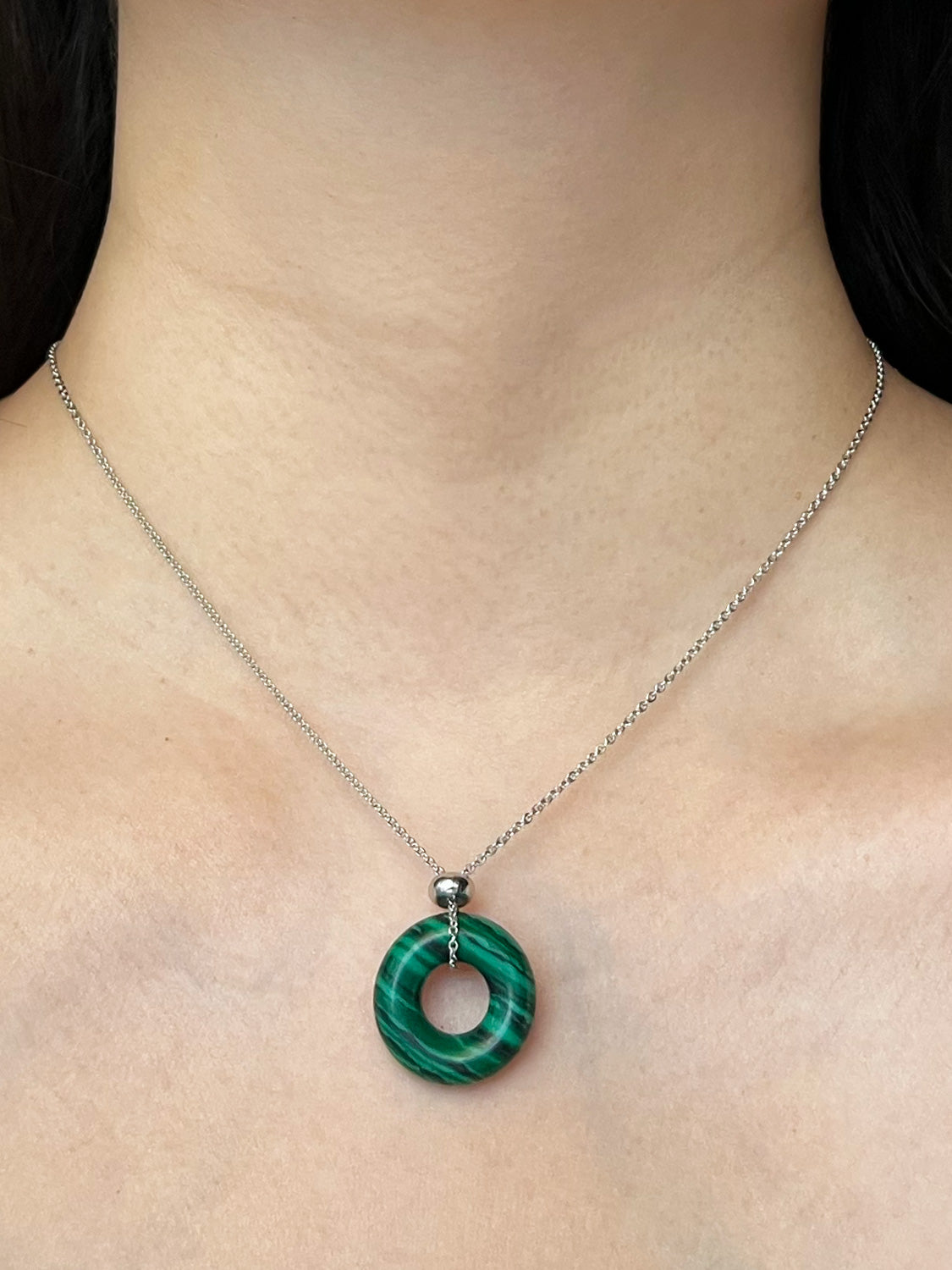 Donut Stone Necklace  Silver   Green Malachite2