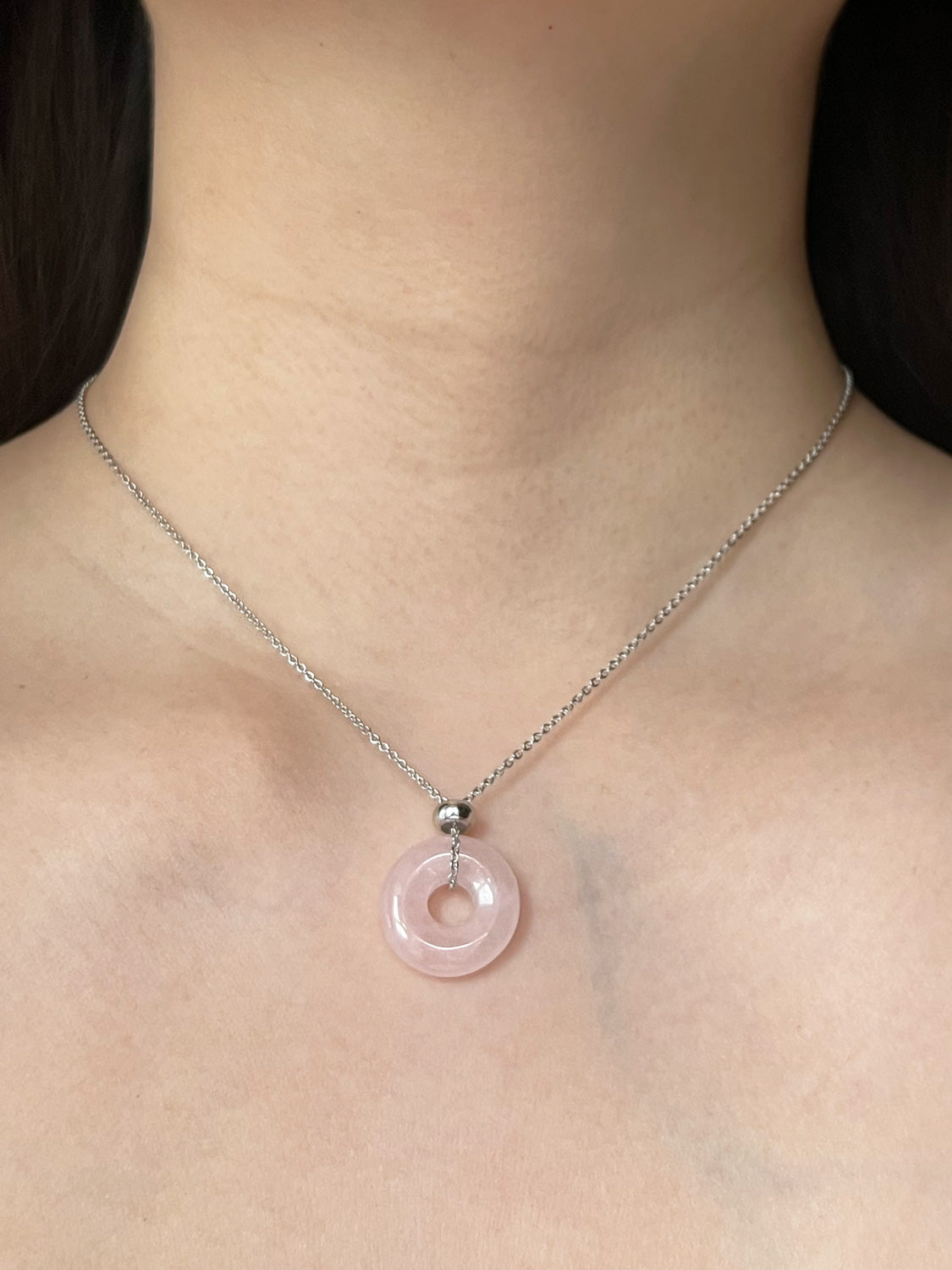 Donut Stone Necklace, Silver - Rose Quartz
