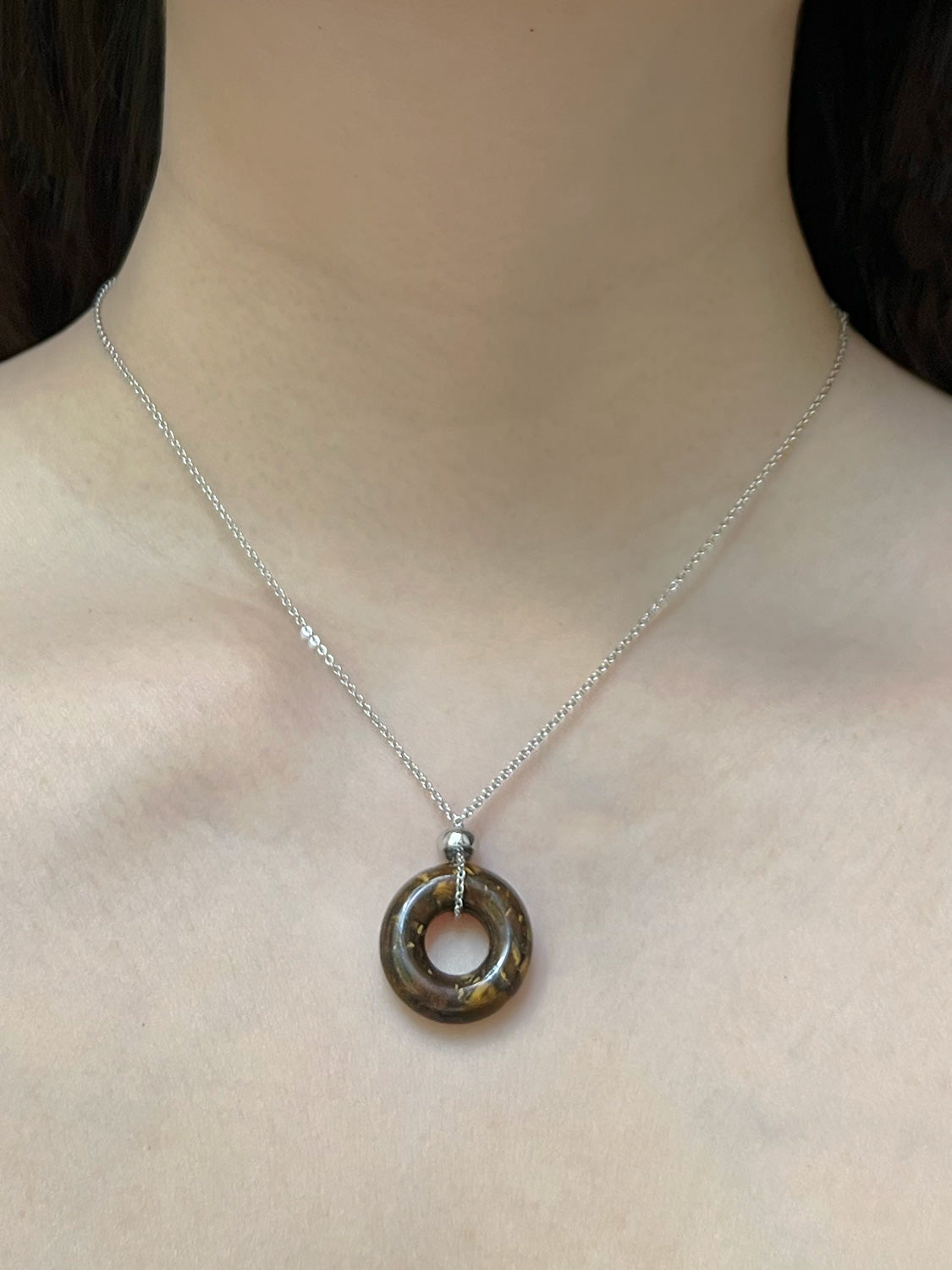 Donut Stone Necklace, Silver - Tiger Eye