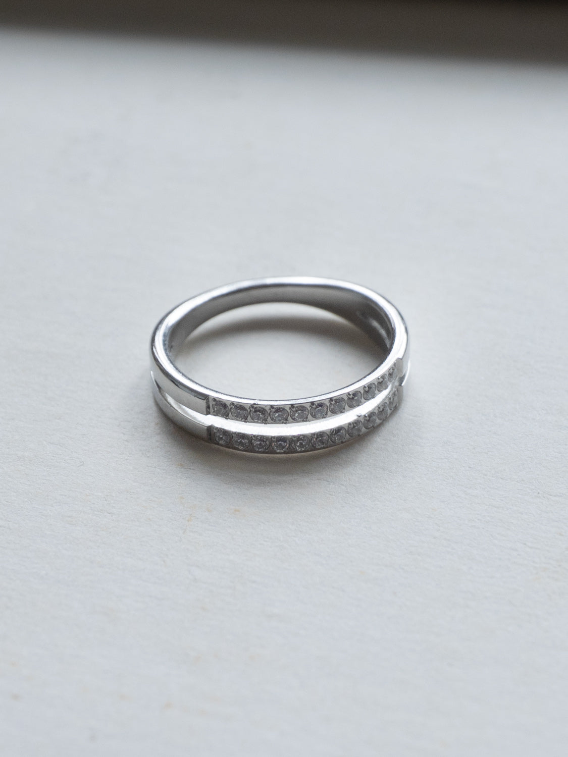 Double Gemstone-Lined Ring, Stainless Steel - Silver